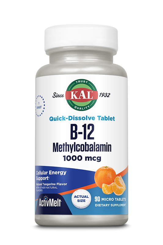 KAL Vitamin B12 Methylcobalamin 1000mcg, Healthy Energy, Metabolism, Nerve & Red Blood Cell Support,* Fast Dissolve ActivMelt, Optimal Absorption, Natural Tangerine Flavor, 90 Servings, 90 Micro Tabs