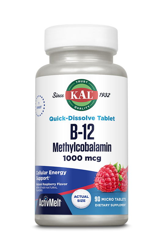 KAL B-12 Methylcobalamin ActivMelt 1000 mcg Natural Raspberry Flavor Healthy Metabolism, Energy, Nerve & Red Blood Cell Support 90 Micro Tablets