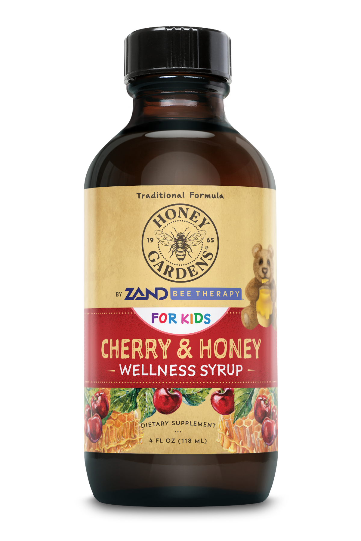 Honey Gardens Kids Cherry & Honey Soothing Throat Syrup, Herbal Infused Raw Honey Syrup, Apitherapy Formula Includes Extracts of Umckaloabo, Black Cherry, Marshmallow, 24 Servings, 4 FL. OZ.