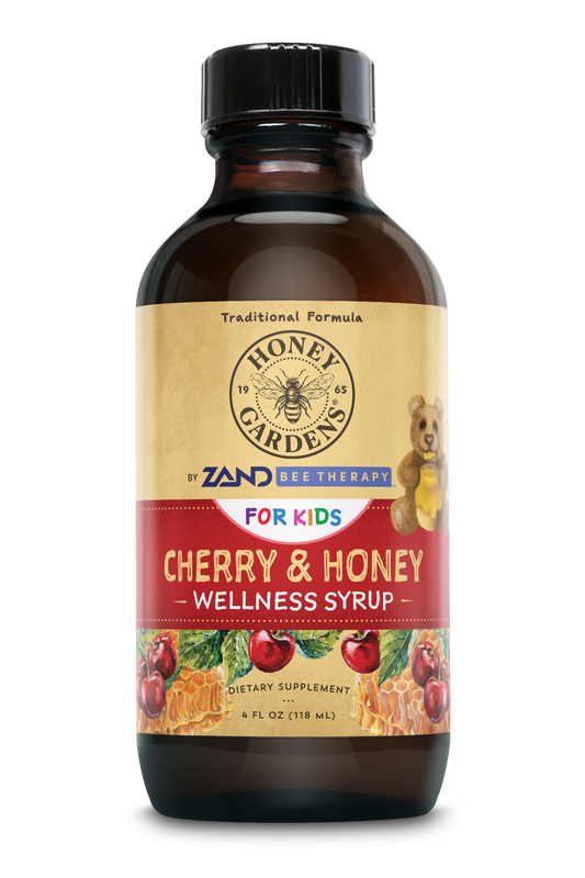 Honey Gardens Kids Cherry & Honey Soothing Throat Syrup, Herbal Infused Raw Honey Syrup, Apitherapy Formula Includes Extracts of Umckaloabo, Black Cherry, Marshmallow, 24 Servings, 4 FL. OZ.