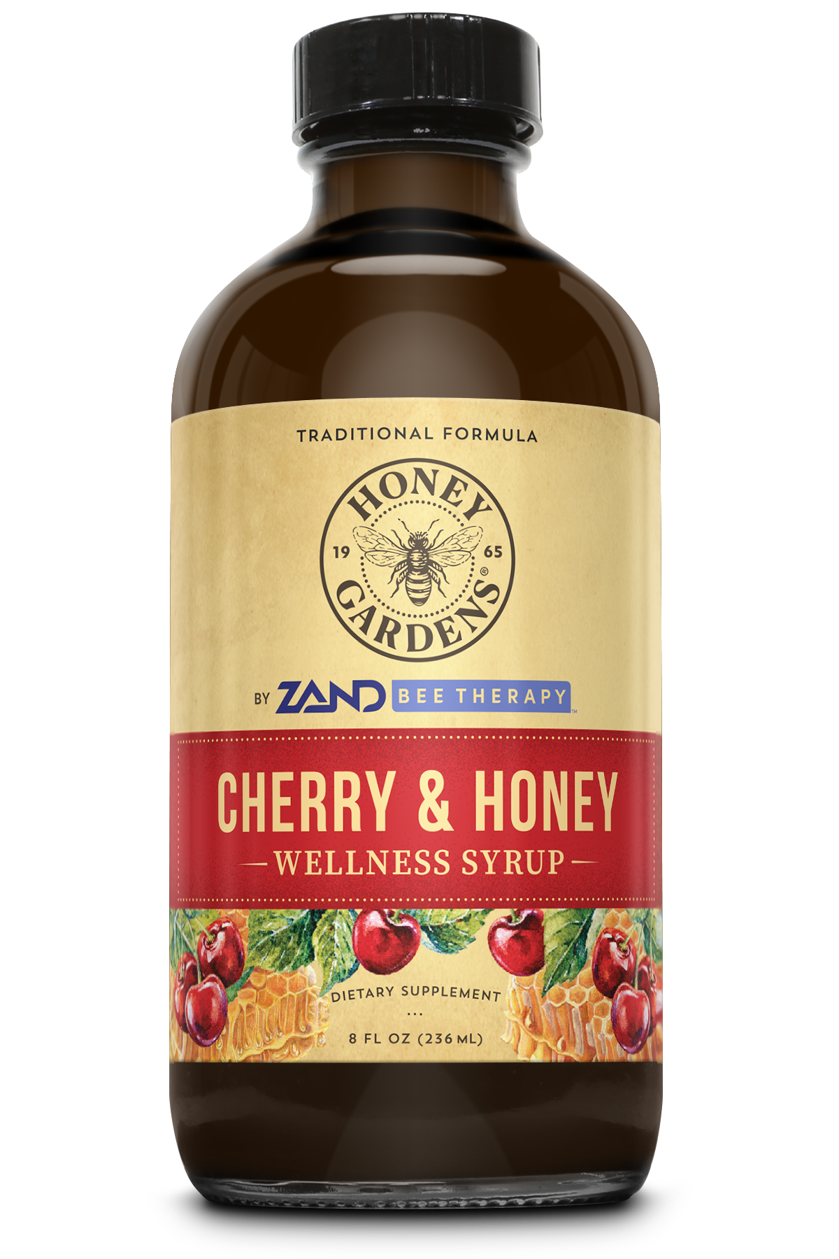 Honey Gardens Cherry & Honey Soothing Throat Syrup, Apitherapy Formula with Organic Raw Honey, Organic Apple Cider Vinegar, Black Cherry, and Herbal Extracts, 48 Servings, 8 FL. OZ.