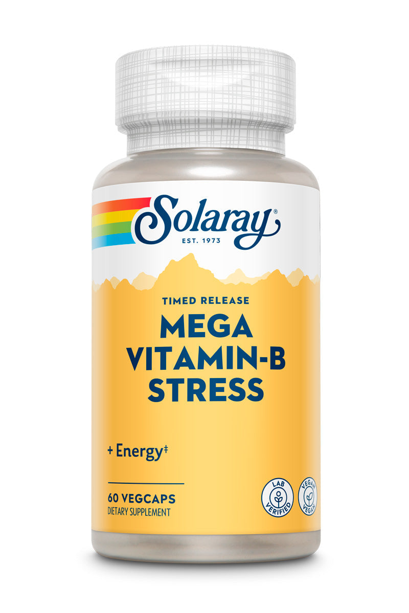Solaray Mega Vitamin B-Stress, Timed-Release Vitamin B Complex with 1000 mg of Vitamin C for Stress, Energy, Red Blood Cell & Immune Support, Vegan, 60-Day Guarantee, (60 Count (Pack of 1))
