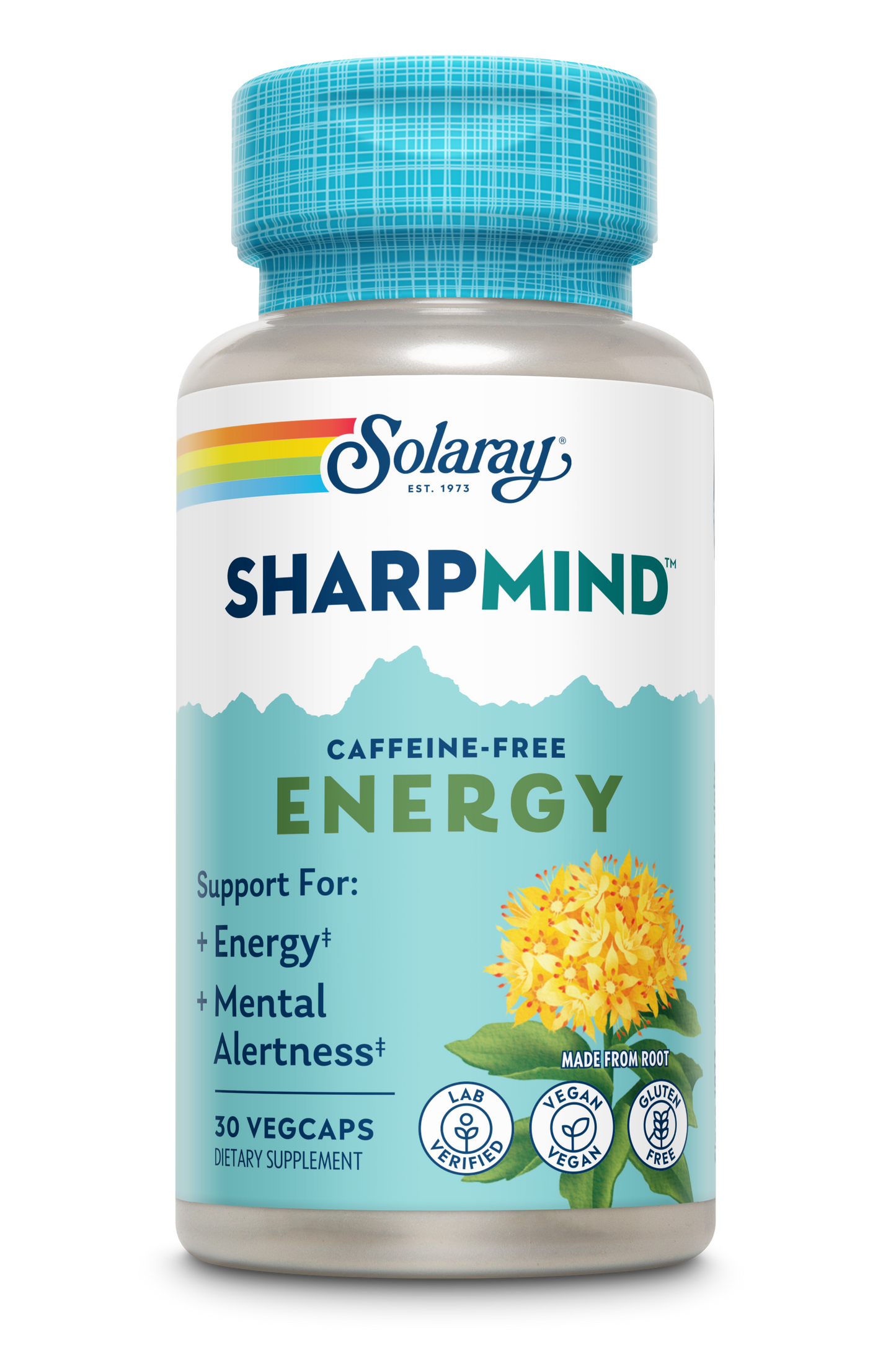 Solaray SharpMind Energy, Energy Booster for Women and Men, Nootropic Focus Supplement, Caffeine Free Energy Pills with Rhodiola Rosea and Cordyceps, 60 Day Guarantee, 30 Servings, 30 VegCap Pills