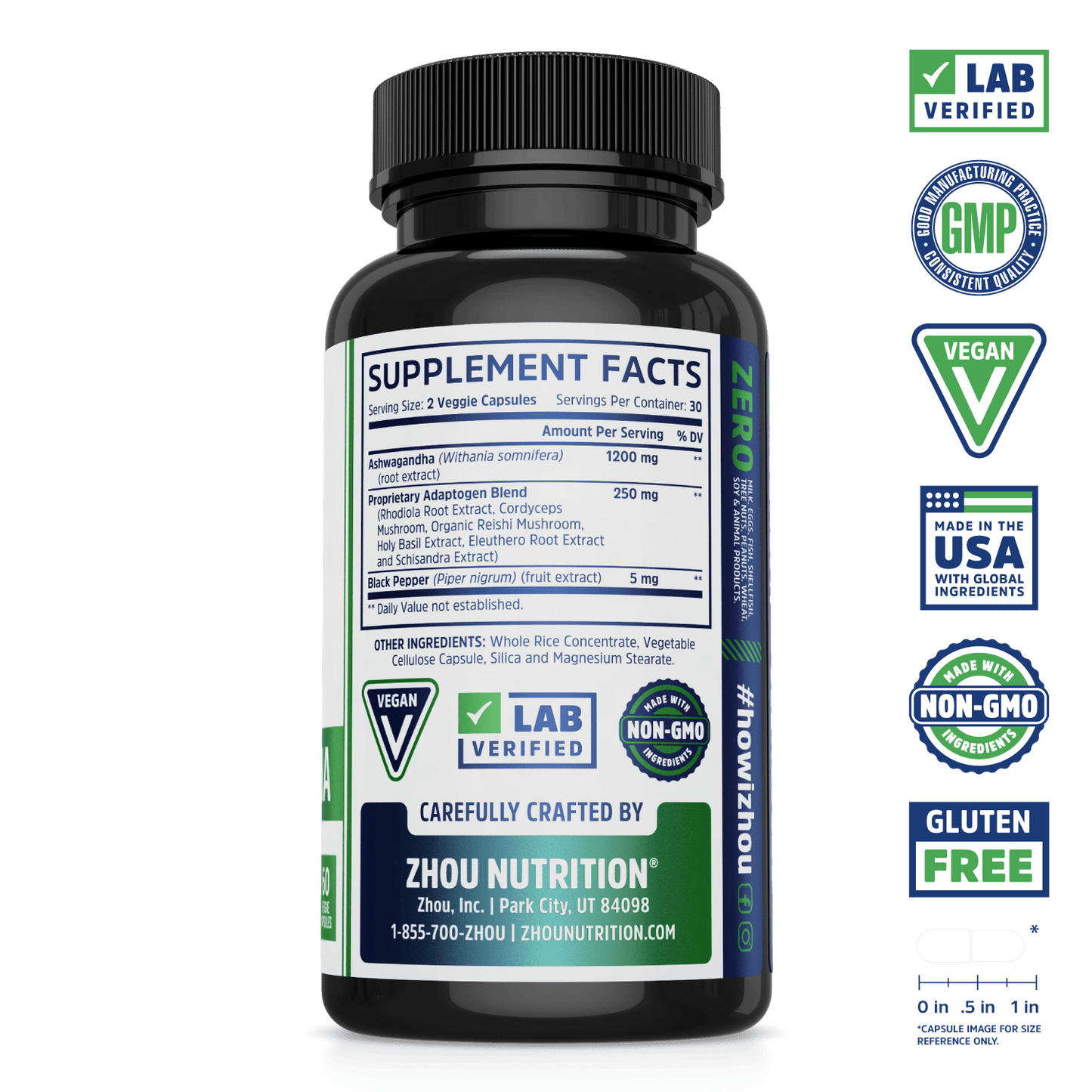 Max Strength Ashwagandha Blend Zhou Nutrition. Bottle side. Lab verified, good manufacturing practices, vegan, made with non-GMO ingredients, made in the USA with global ingredients, gluten free.