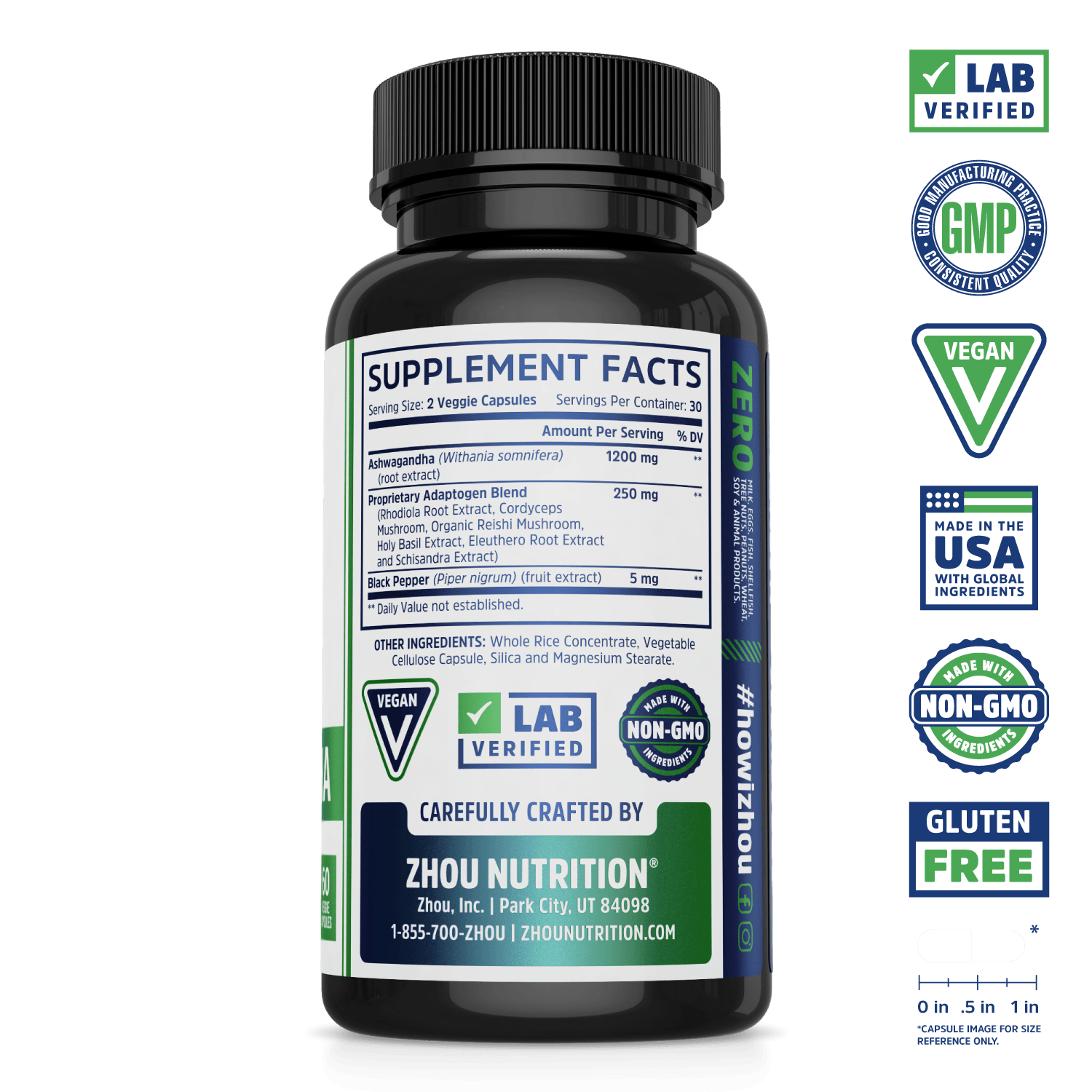 Max Strength Ashwagandha Blend Zhou Nutrition. Bottle side. Lab verified, good manufacturing practices, vegan, made with non-GMO ingredients, made in the USA with global ingredients, gluten free.