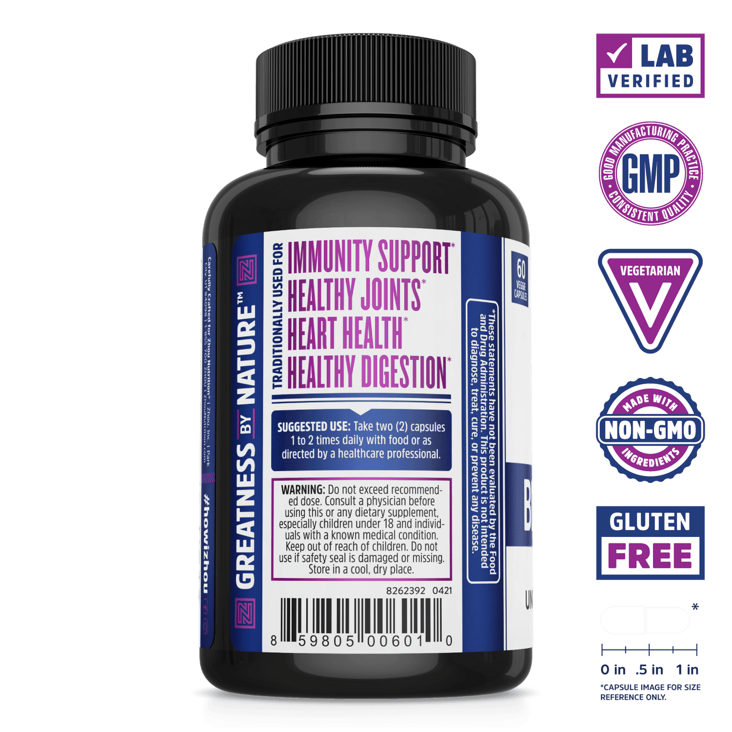Black Seed Kalonji Oil Liquid Capsules From Zhou Nutrition. Bottle side. Lab verified, good manufacturing practices, vegetarian, made with non-GMO ingredients, gluten free.