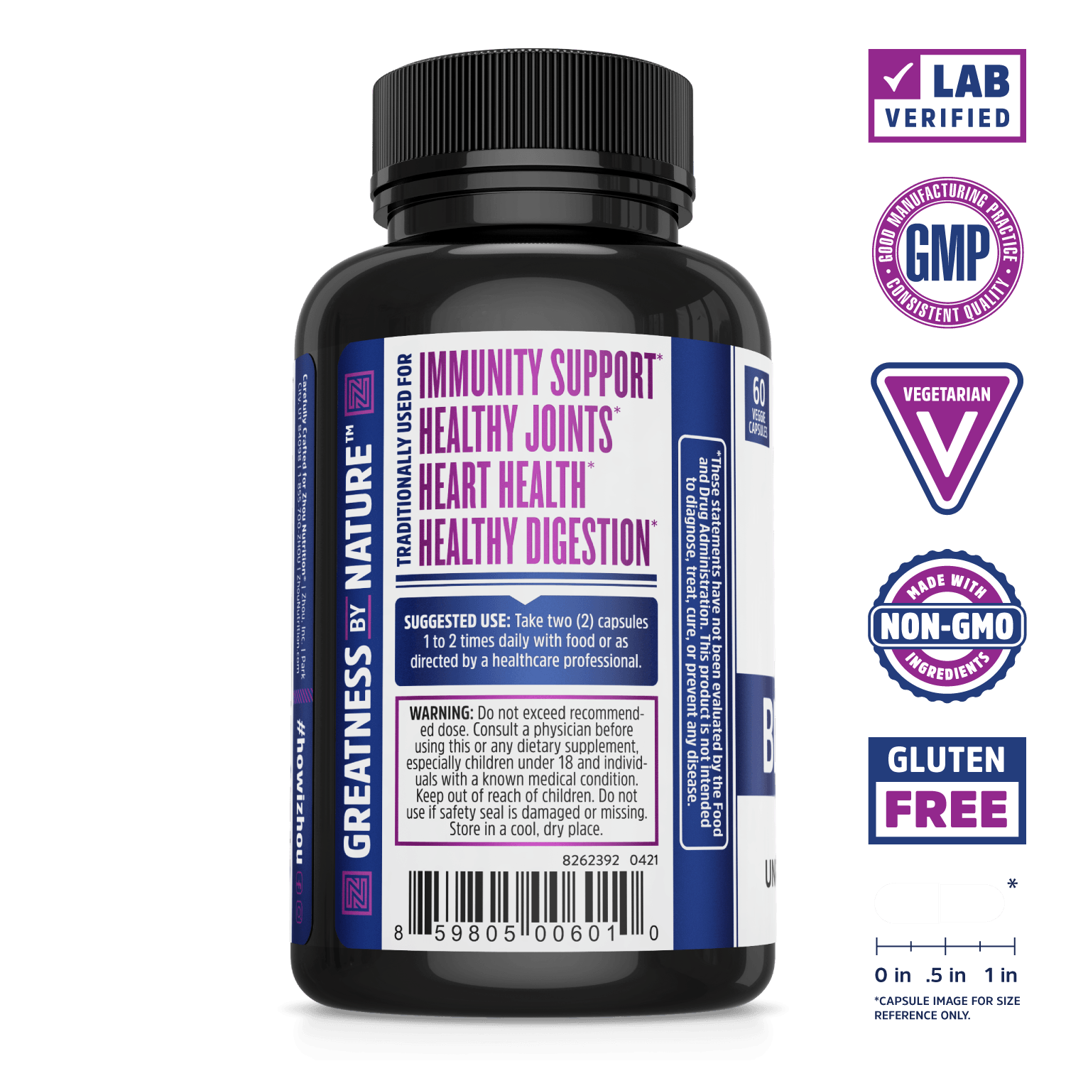 Black Seed Kalonji Oil Liquid Capsules From Zhou Nutrition. Bottle side. Lab verified, good manufacturing practices, vegetarian, made with non-GMO ingredients, gluten free.