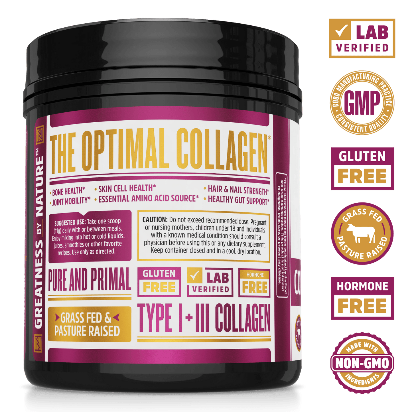 Collagen Peptides Pure Protein Power From Zhou Nutrition. Bottle side. Lab verified, good manufacturing practices, gluten free, grass fed pasture raised, hormone free.