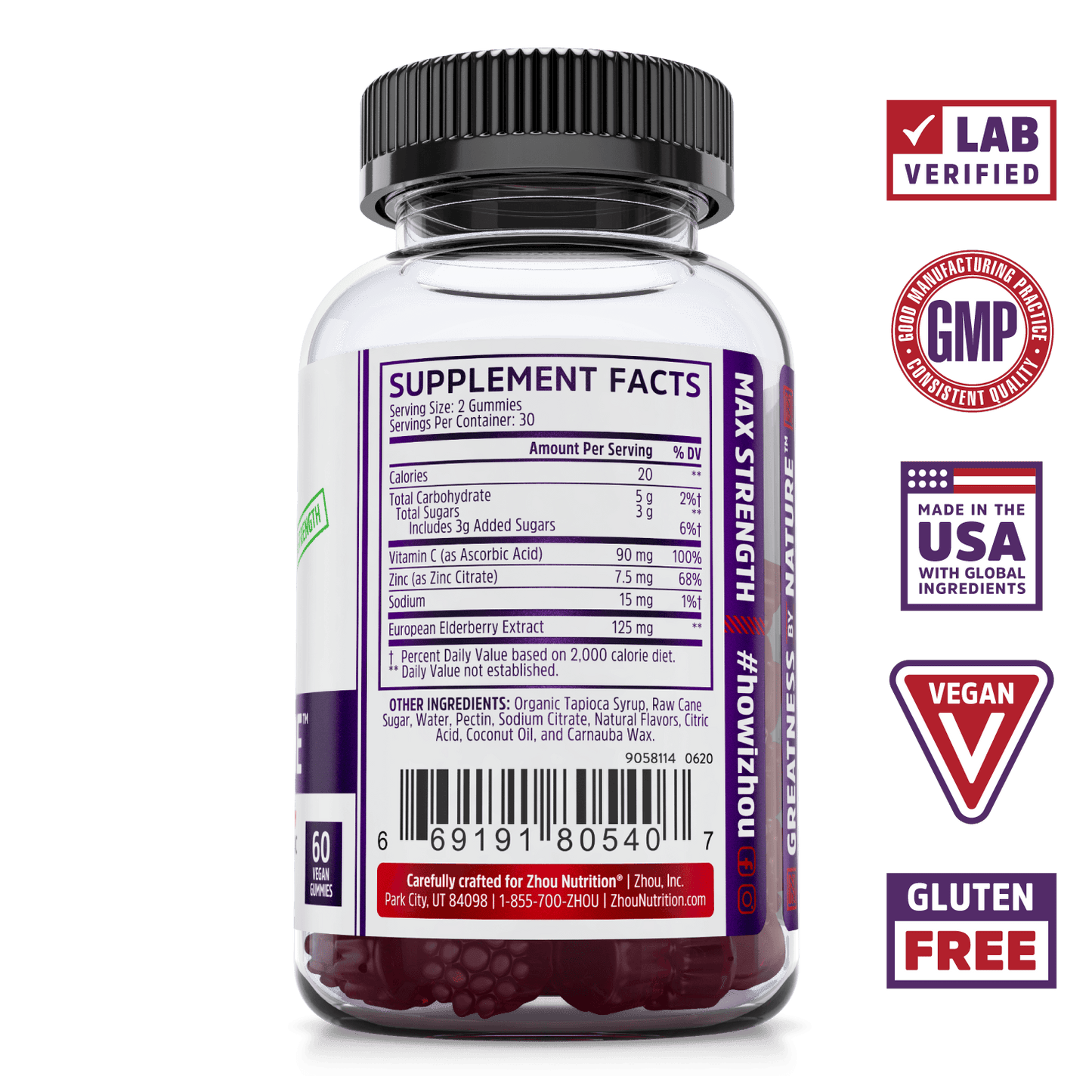 Elder-Mune Elderberry Supplement Gummies from Zhou Nutrition. Bottle side. Lab verified, good manufacturing practices, made in the USA with global ingredients, vegan, gluten free.