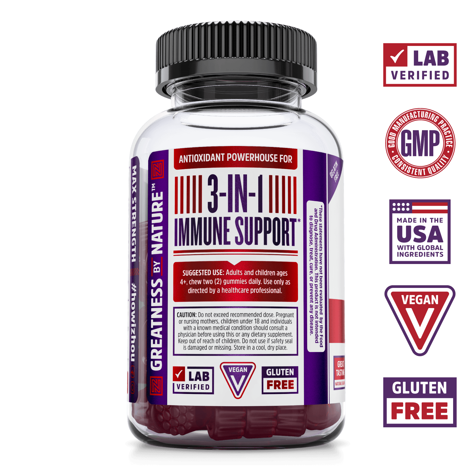 Max Strength Elderberry Gummies from Zhou Nutrition. Bottle side. Lab verified, good manufacturing practices, made in the USA with global ingredients, vegan, gluten free.
