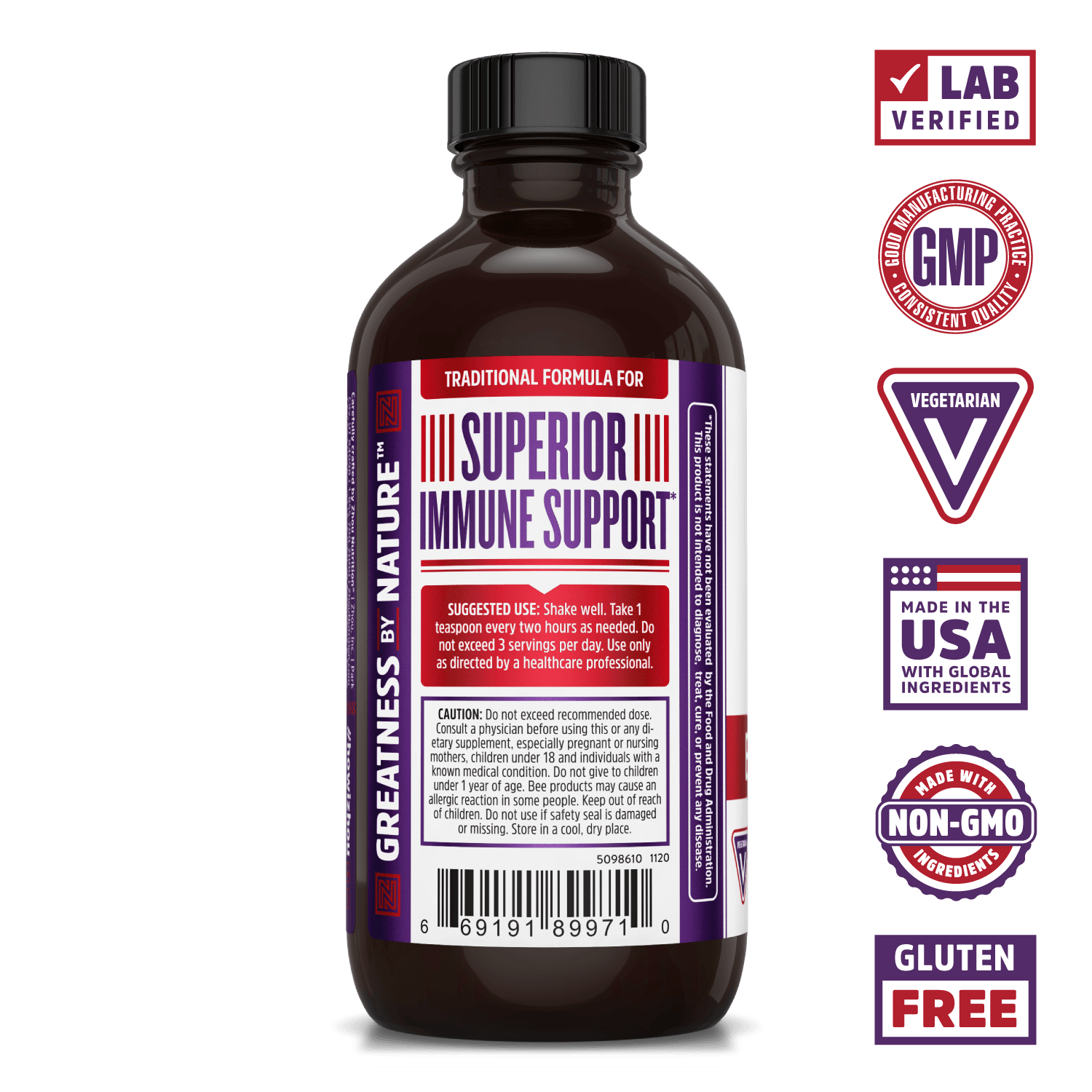 Zhou Nutrition Superior Immune Support. Bottle side. Lab verified, good manufacturing practices, vegetarian, made in the USA with global ingredients, made with non-GMO ingredients, gluten free.