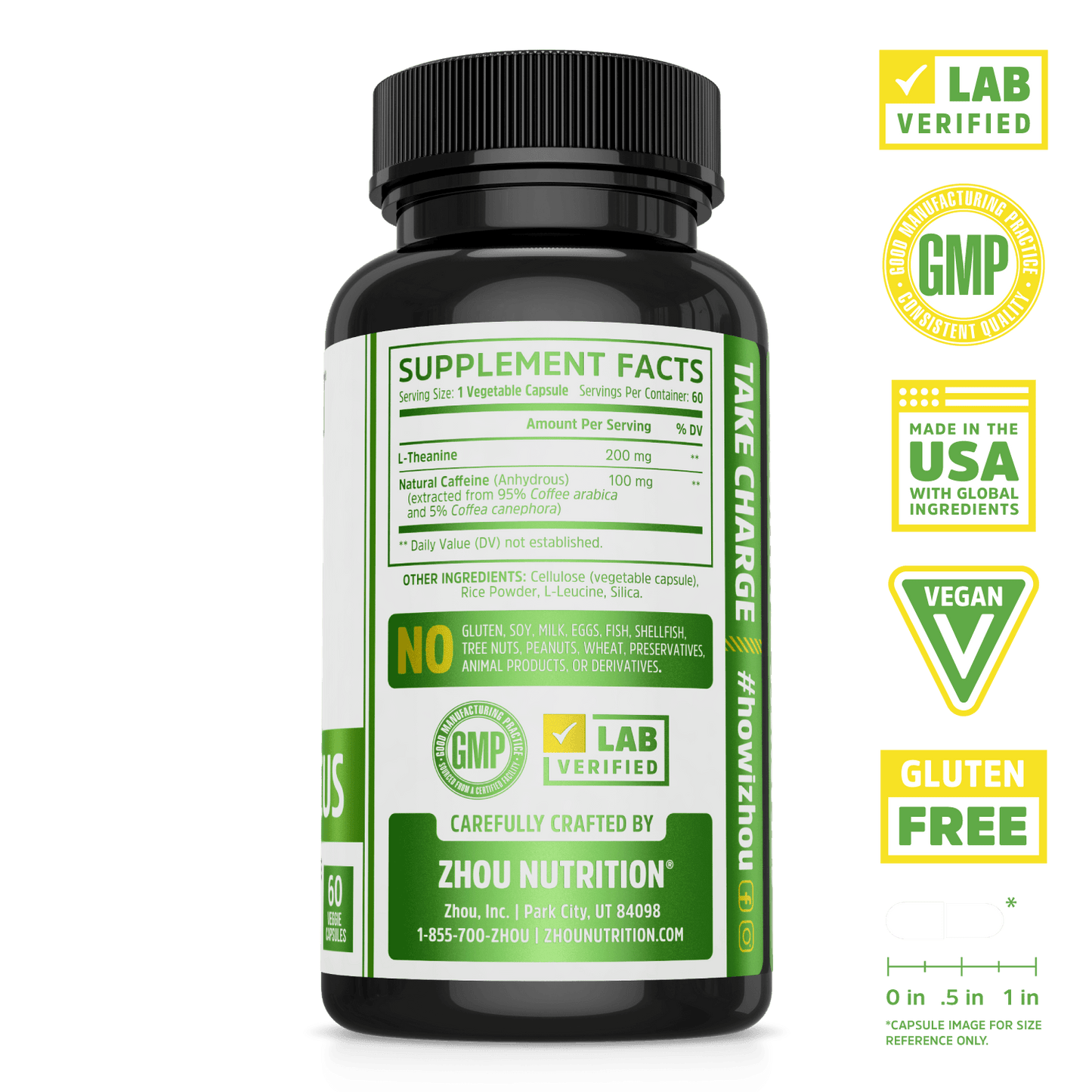 Energy + Focus Smooth and Focused Energy Supplement. Bottle side. Lab verified, good manufacturing practices, made in the USA with global ingredients, vegan, gluten free.