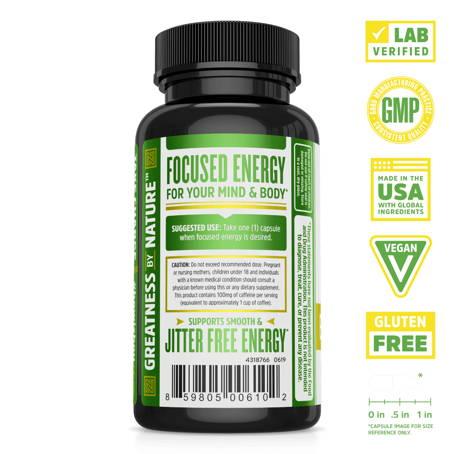 Zhou Nutrition Energy + Focus Long Lasting Energy Supplement. Bottle side. Lab verified, good manufacturing practices, made in the USA with global ingredients, vegan, gluten free.