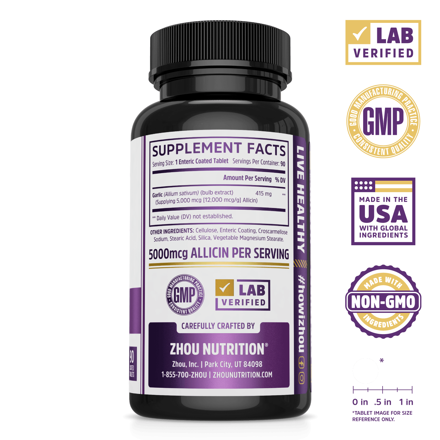 Zhou Nutrition Garlic Supplement with Allicin. Lab verified, good manufacturing practices, made in the USA with global ingredients, made with non-GMO ingredients