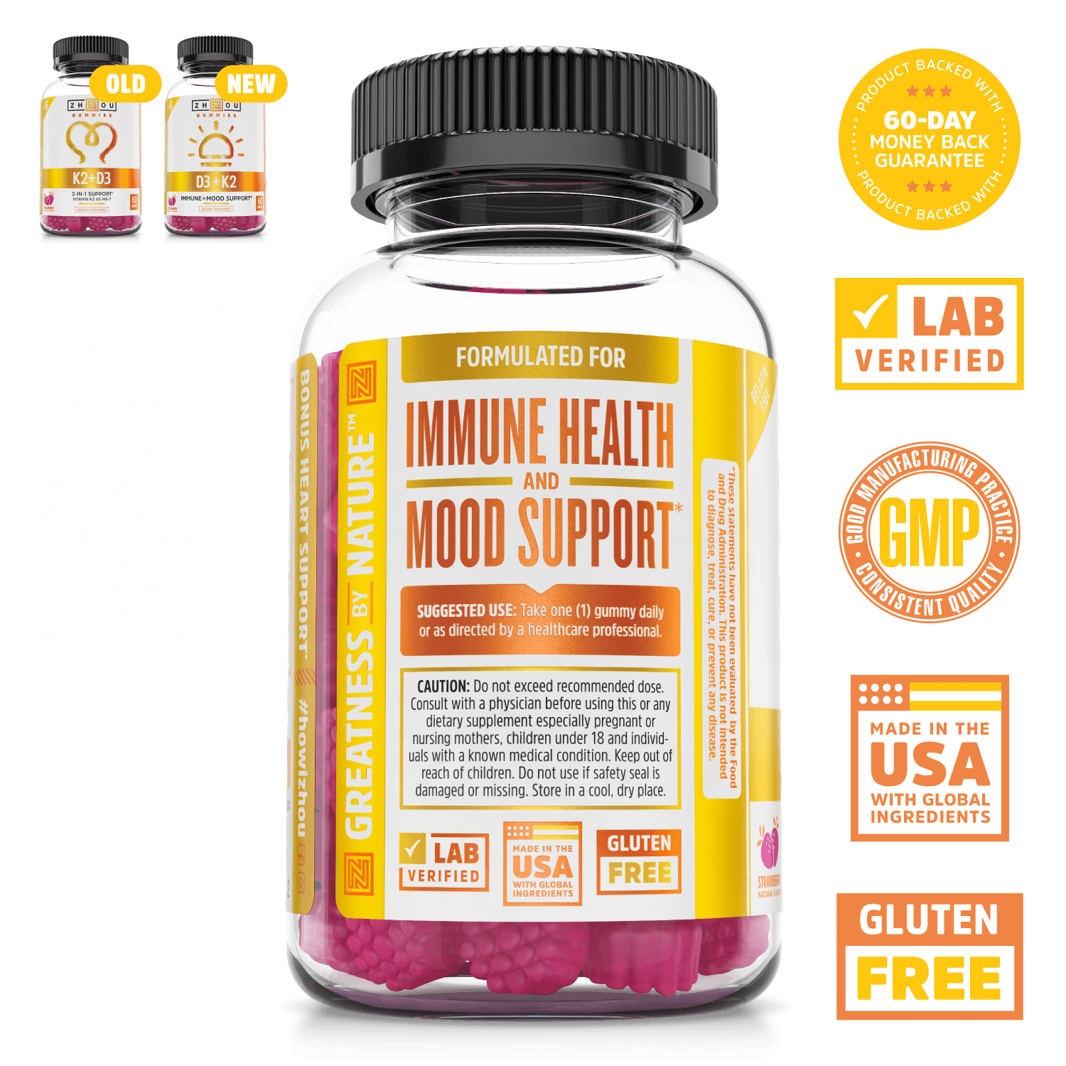 Vitamin D supplement gummies formulated for immune health and mood support. 60-day money back guarantee, lab verified, vegetarian, good manufacturing practices, made in the USA with global ingredients, gluten free