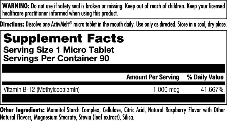 KAL B-12 Methylcobalamin ActivMelt 1000 mcg Natural Raspberry Flavor Healthy Metabolism, Energy, Nerve & Red Blood Cell Support 90 Micro Tablets