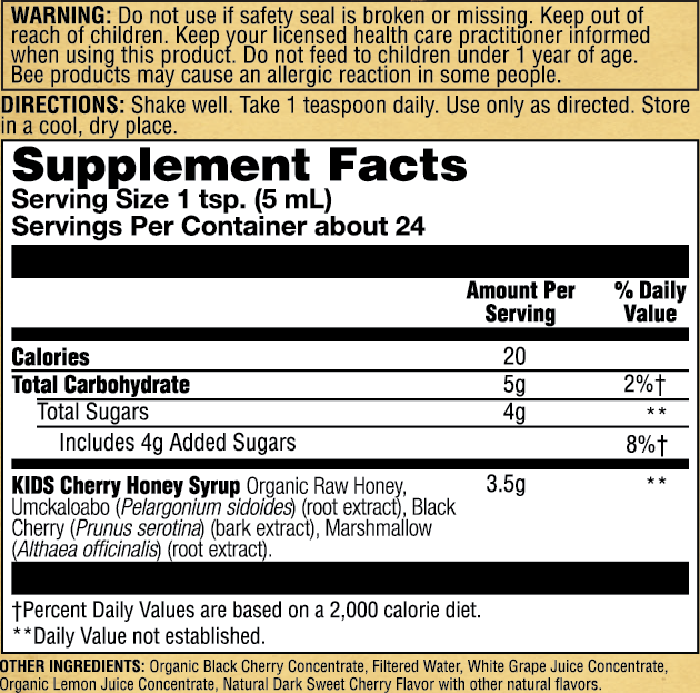 Honey Gardens Kids Cherry & Honey Soothing Throat Syrup, Herbal Infused Raw Honey Syrup, Apitherapy Formula Includes Extracts of Umckaloabo, Black Cherry, Marshmallow, 24 Servings, 4 FL. OZ.