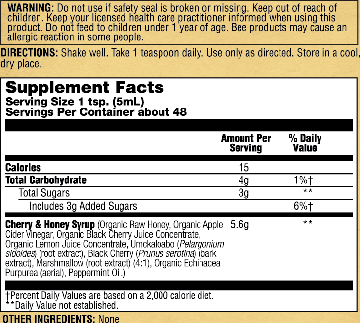 Honey Gardens Cherry & Honey Soothing Throat Syrup, Apitherapy Formula with Organic Raw Honey, Organic Apple Cider Vinegar, Black Cherry, and Herbal Extracts, 48 Servings, 8 FL. OZ.