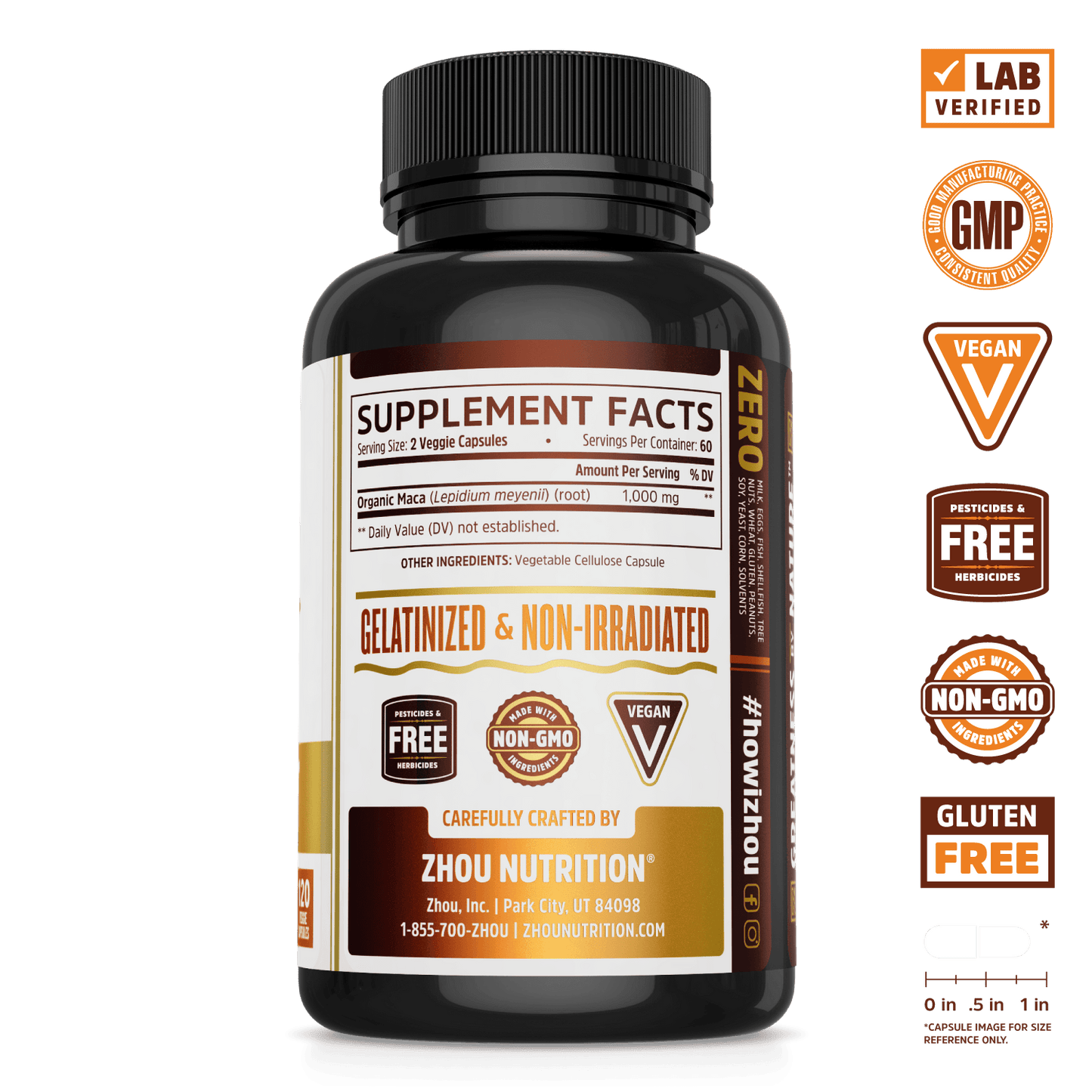 Zhou Nutrition gelatinized non-irradiated Maca Root supplement. Lab verified, good manufacturing practices, vegan, organic maca, made with non-GMO ingredients, gluten free