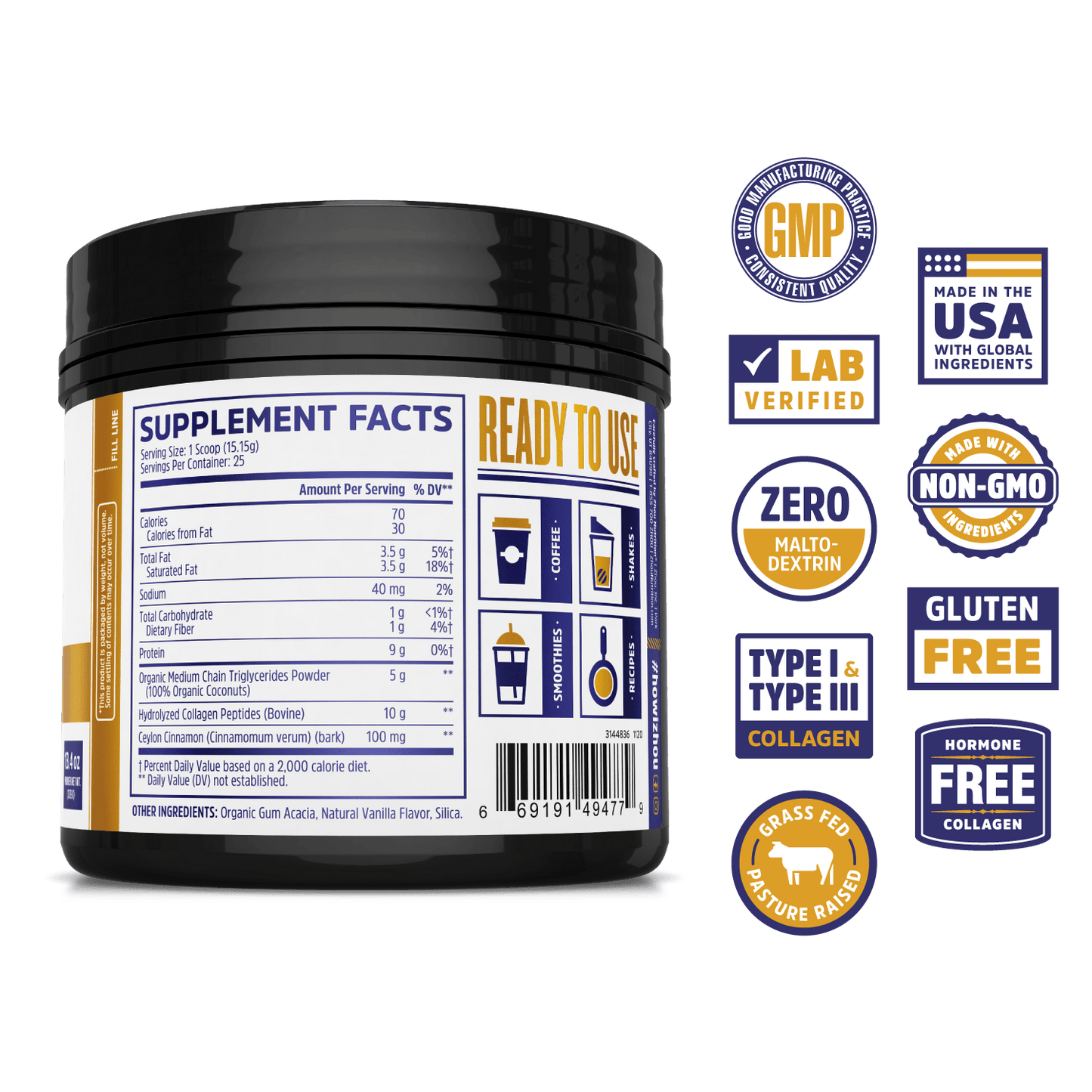 Zhou Nutrition MCT Collagen powder supplement. Lab verified, good manufacturing practices, made in the USA with global ingredients, made with non-GMO ingredients, gluten free