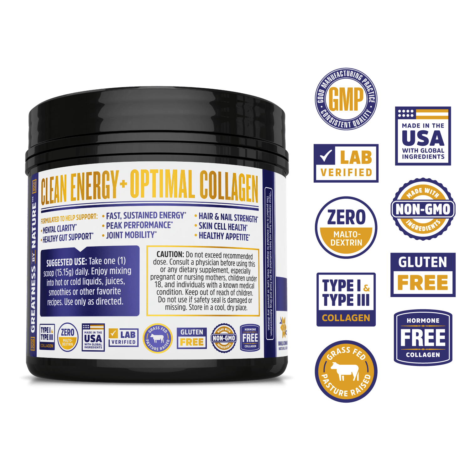 MCT & Collagen Powder from Zhou Nutrition, ketogenic energy and protein. Lab verified, good manufacturing practices, made in the USA with global ingredients, made with non-GMO ingredients, gluten free