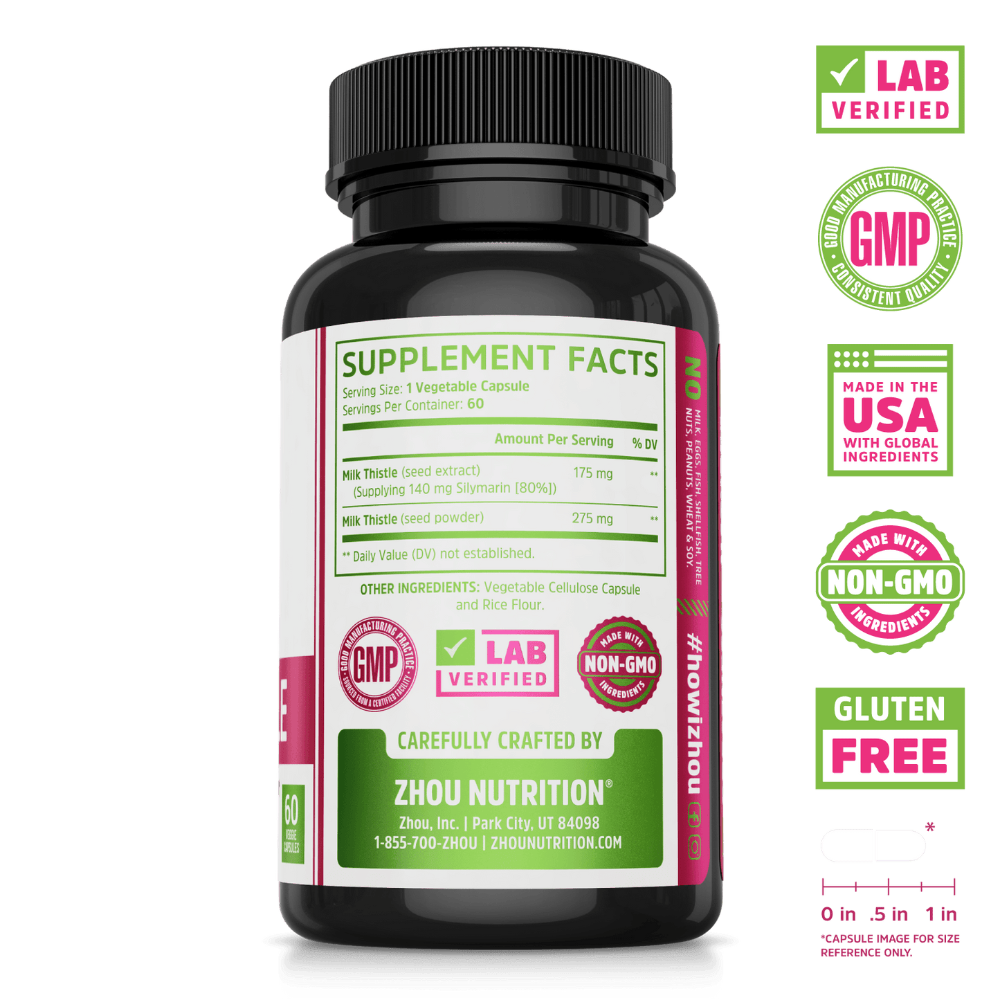 Zhou Nutrition Milk Thistle supplement for liver health. Lab verified, good manufacturing practices, made in the USA with global ingredients, made with non-GMO ingredients, gluten free