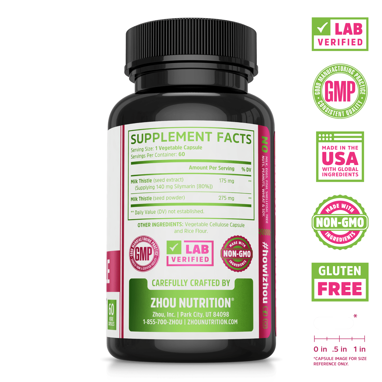 Zhou Nutrition Milk Thistle supplement for liver health. Lab verified, good manufacturing practices, made in the USA with global ingredients, made with non-GMO ingredients, gluten free