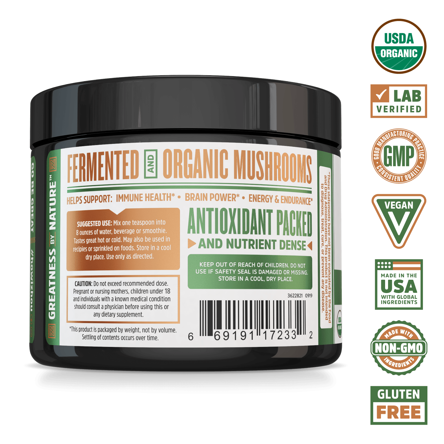 Mushroom 8-Plex Fermented Organic Mushroom Powder Supplement from Zhou Nutrition. USDA organic, lab verified, good manufacturing practices, vegan, made in the USA with global ingredients, made with non-GMO ingredients, gluten free