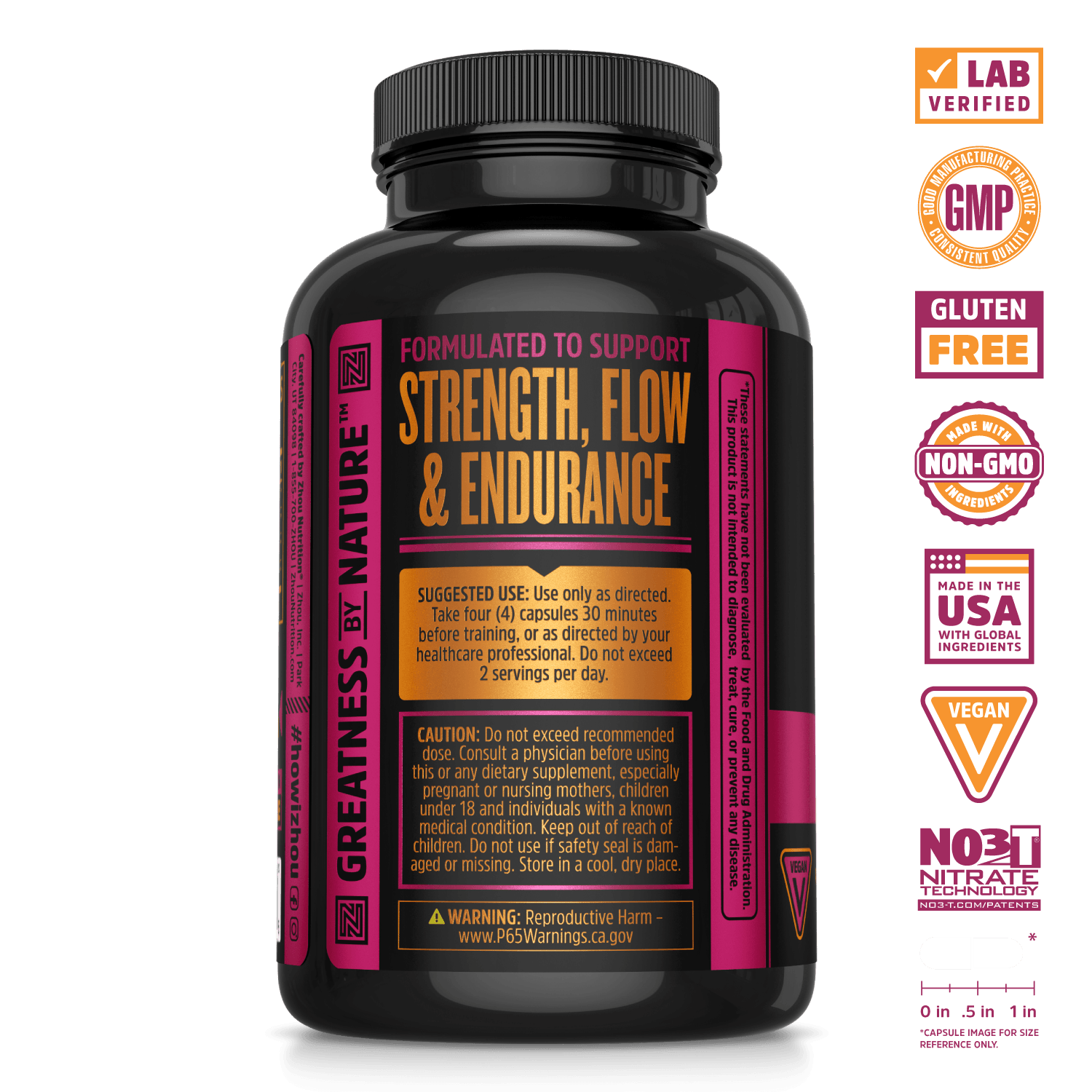 N.O. Pro Nitric Oxide Supplement Capsules. Lab verified, good manufacturing practices, made in the USA with global ingredients, made with non-GMO ingredients, gluten free, NO3T nitrate technology
