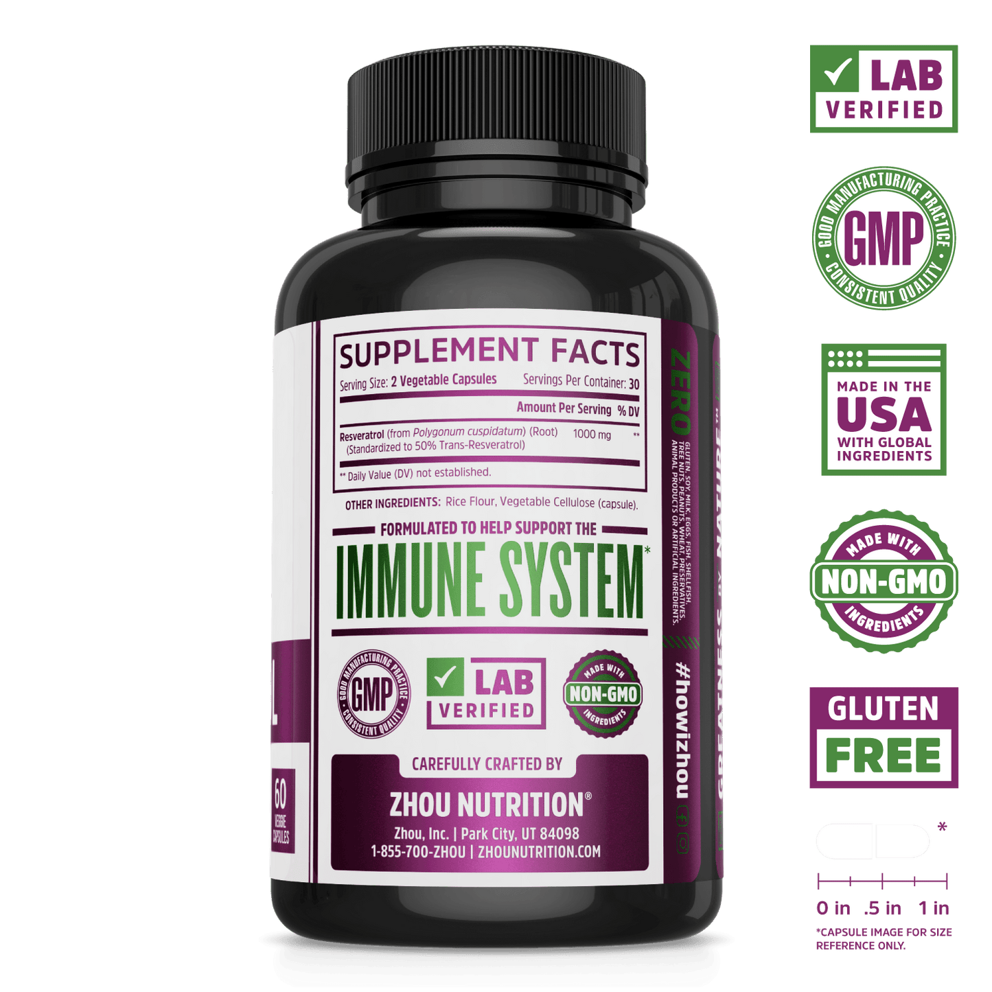Zhou Nutrition High Potency Resveratrol Capsules. Lab verified, good manufacturing practices, made in the USA with global ingredients, made with non-GMO ingredients, gluten free