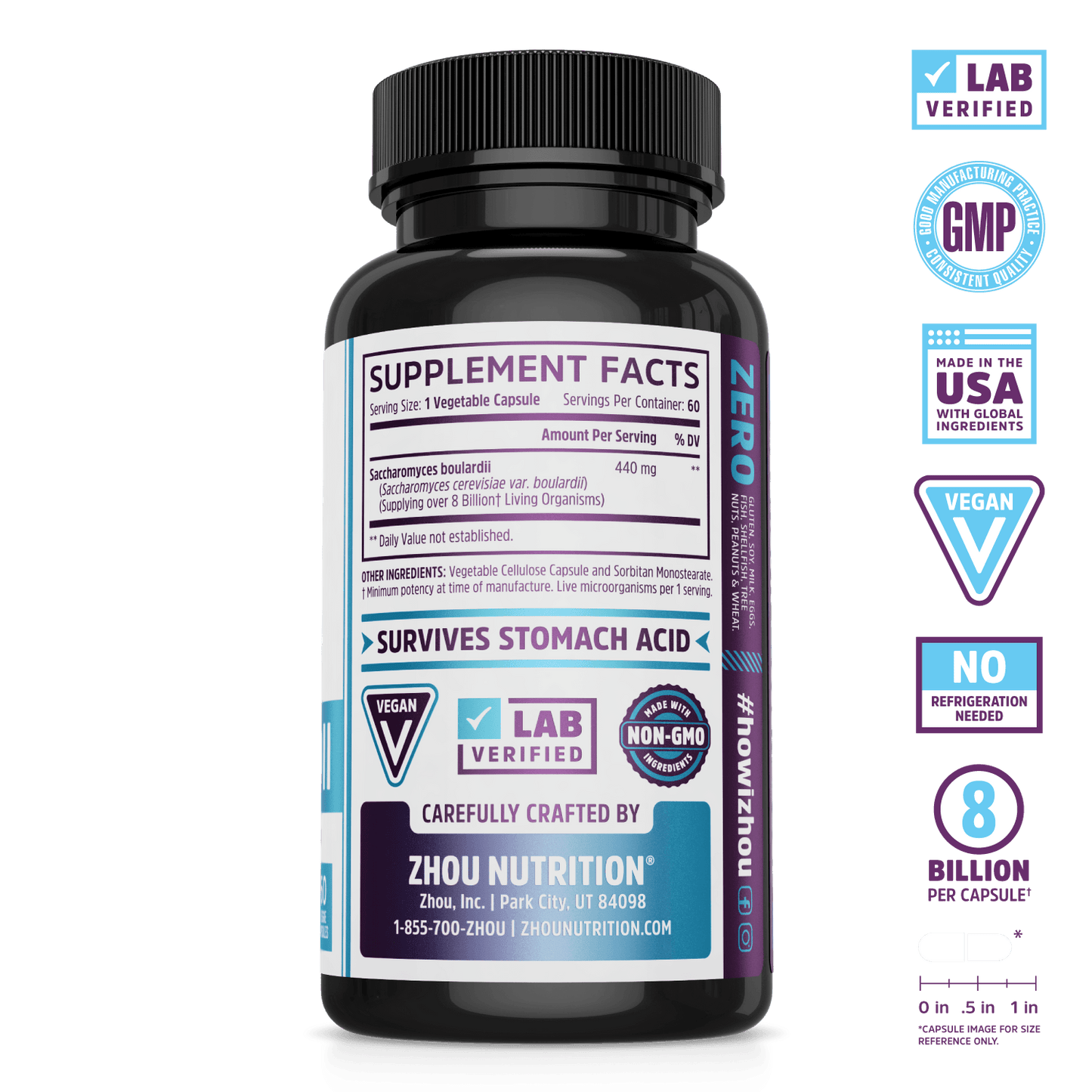 S. Boulardii Probiotic for Gut Health. Lab verified, good manufacturing practices, made in the USA with global ingredients, vegan, no refrigeration needed, 8 billion per capsule