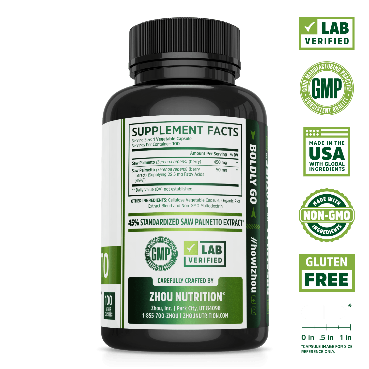 Saw Palmetto Capsules for Prostate Health. Lab verified, good manufacturing practices, made in the USA with global ingredients, made with non-GMO ingredients, gluten free.