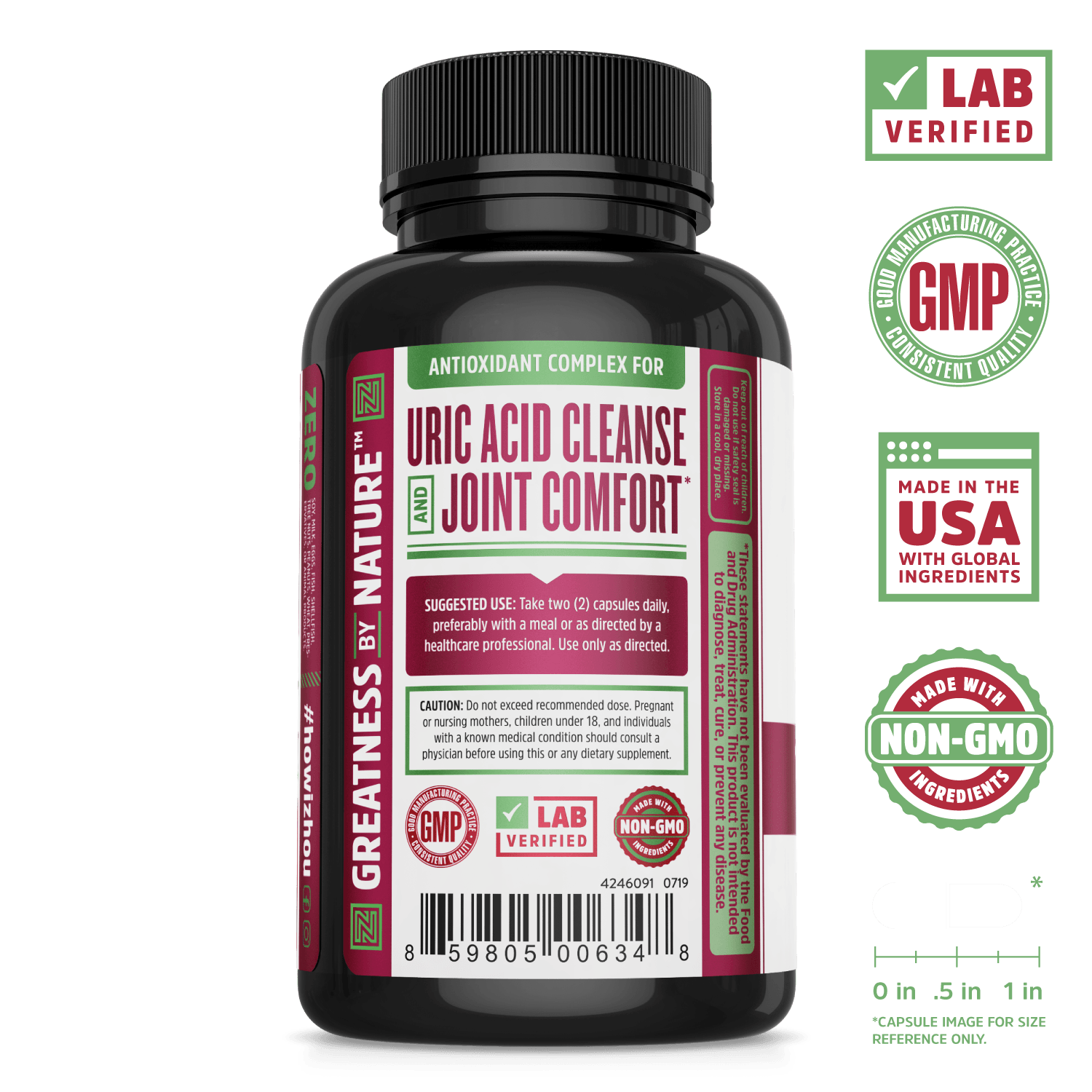 Zhou Nutrition Tart Cherry Extract with Celery Seed Capsules. Bottle side. Lab verified, good manufacturing practices, made in the USA with global ingredients, made with non-GMO ingredients.