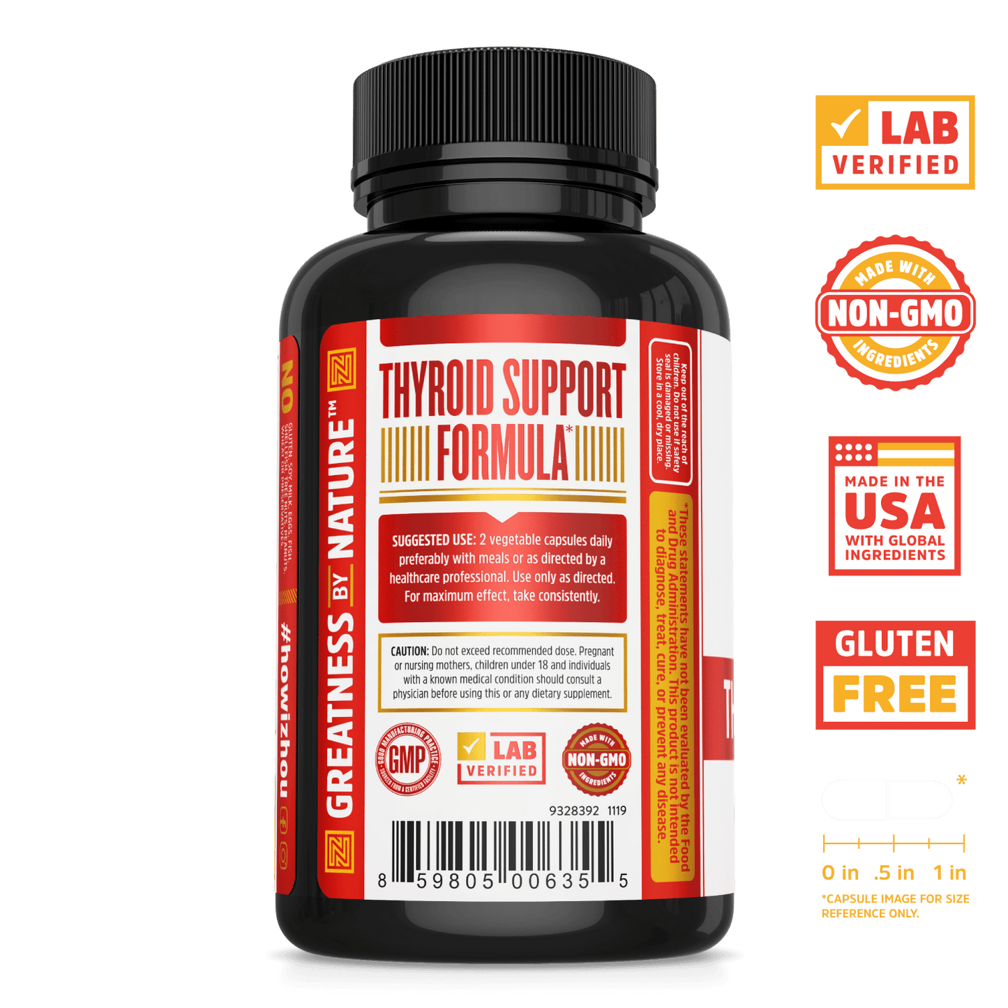 Zhou Nutrition Thyroid Support for Energy. Bottle side. Lab verified, made with non-GMO ingredients, made in the USA with global ingredients, gluten free.