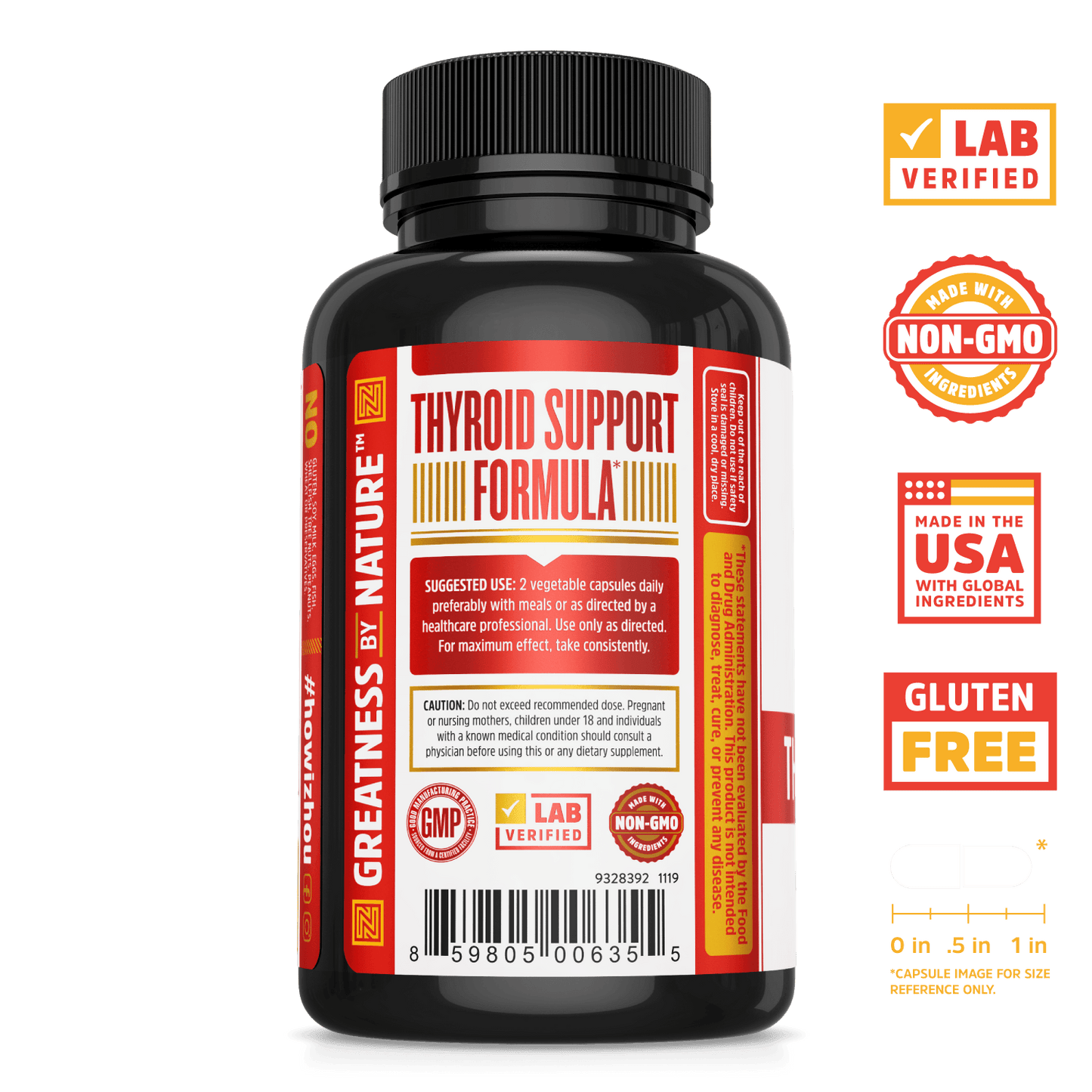 Zhou Nutrition Thyroid Support for Energy. Bottle side. Lab verified, made with non-GMO ingredients, made in the USA with global ingredients, gluten free.
