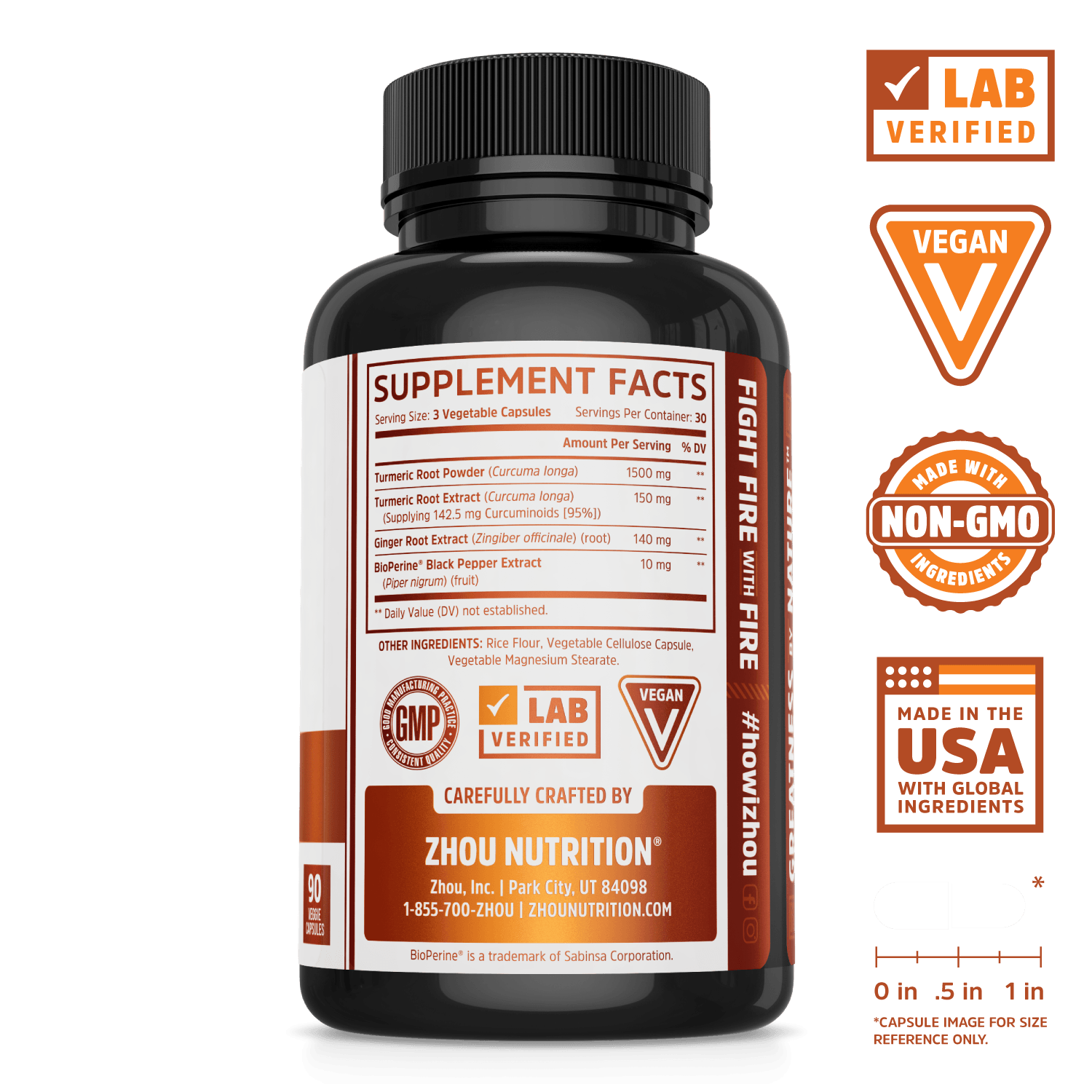 Zhou Nutrition Turmeric Curcumin to Support Mobility. Bottle side. Lab verified, vegan, made with non-GMO ingredients, made in the USA with global ingredients.