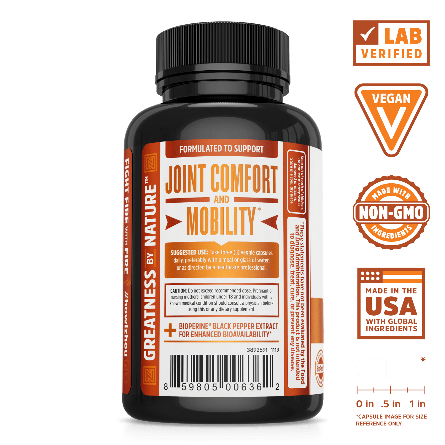 Zhou Nutrition Turmeric Curcumin with 95% Standardized Curcuminoids. Bottle side. Lab verified, vegan, made with non-GMO ingredients, made in the USA with global ingredients.