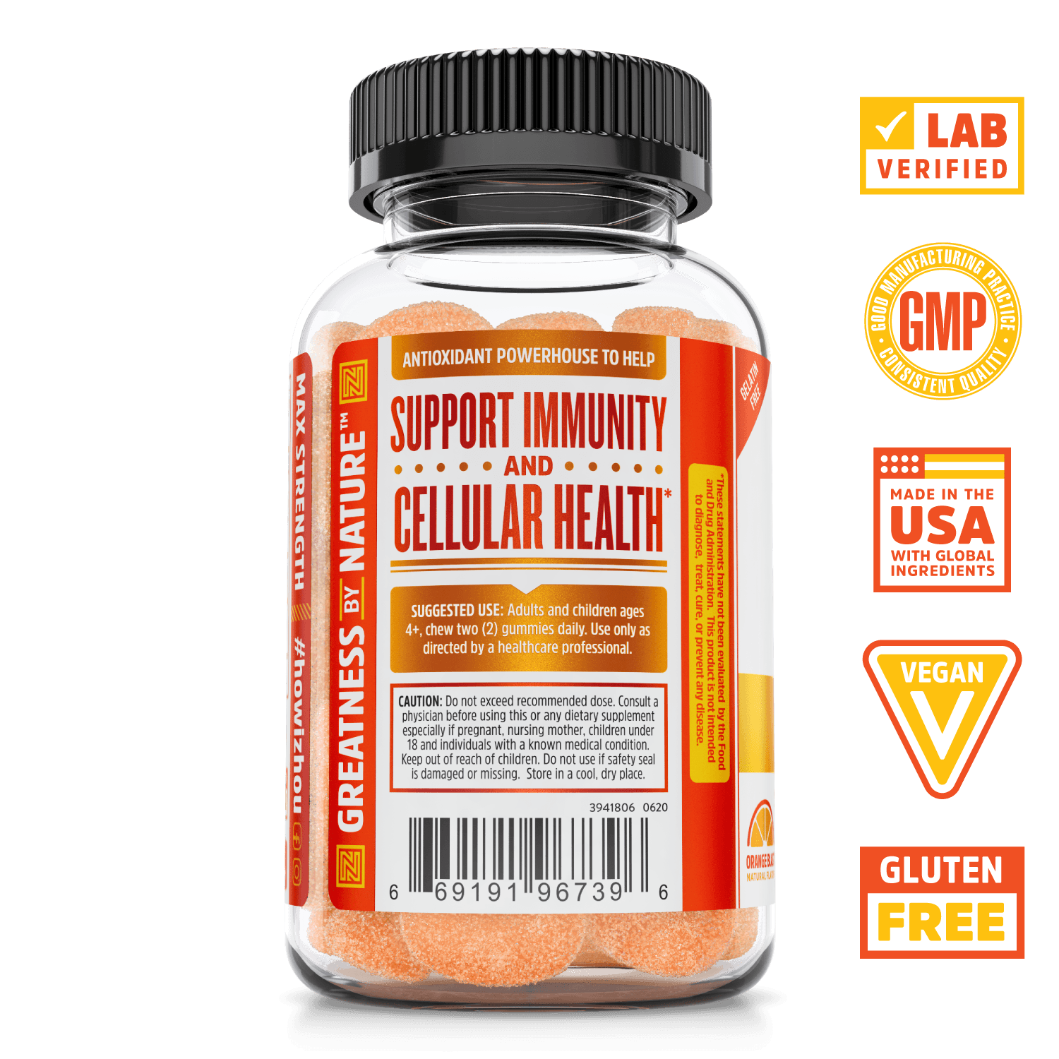 Zhou Nutrition Max Strength Vitamin C+ Gummies.  Bottle side. Lab verified, good manufacturing practices, made in the USA with global ingredients, vegan, gluten free.