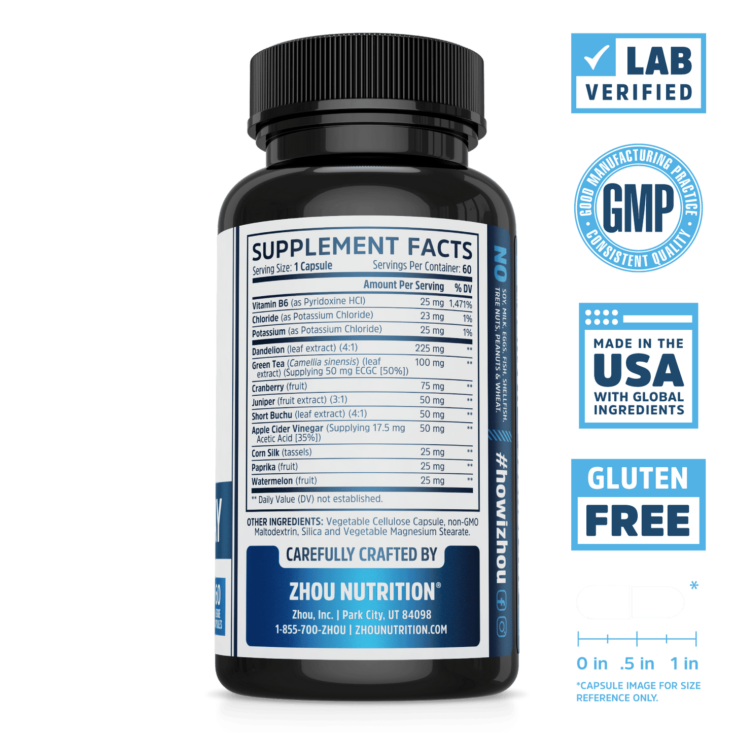 Zhou Nutrition Water Away for Healthy Fluid Balance. Bottle side. Lab verified, good manufacturing practices, made in the USA with global ingredients, gluten free.