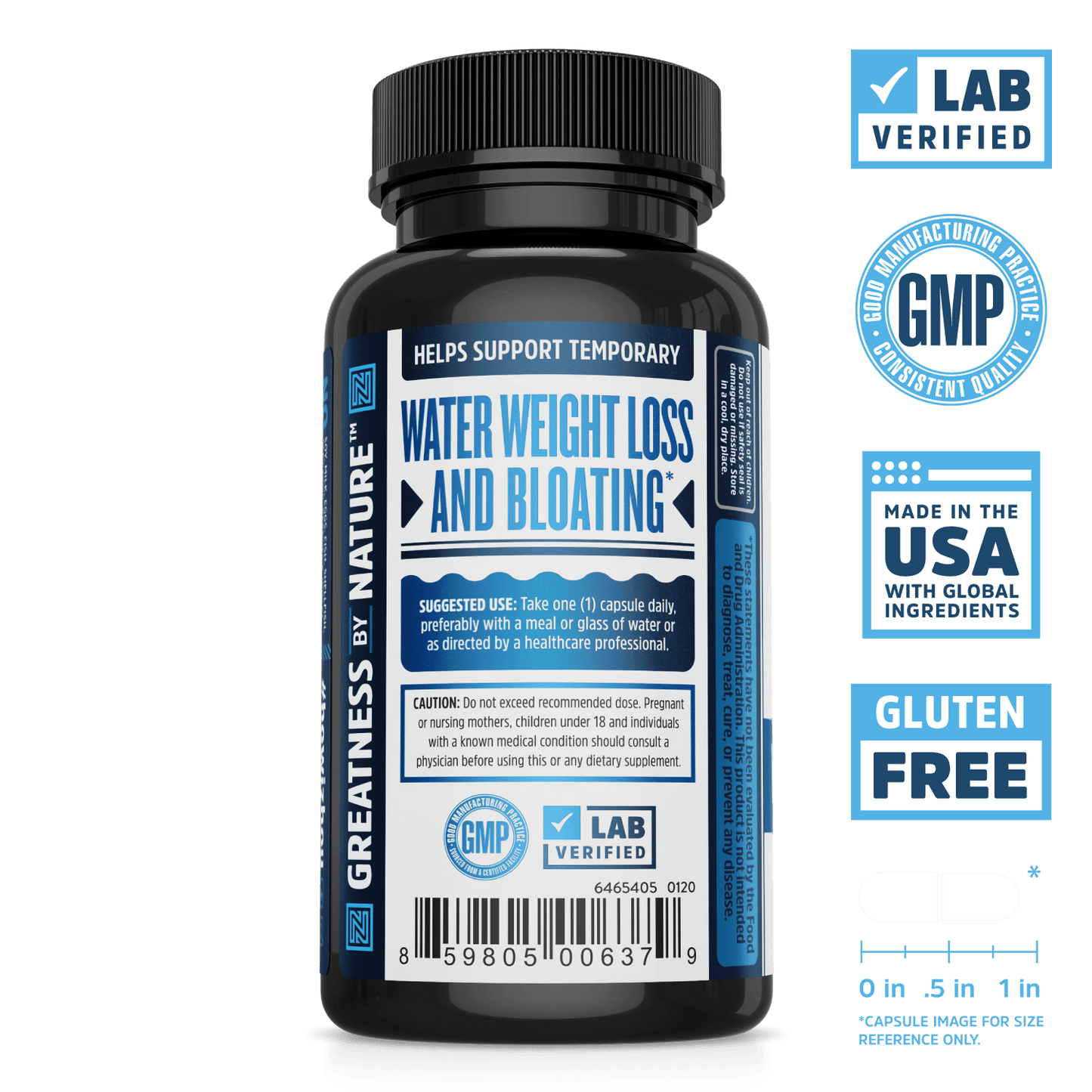 Zhou Nutrition Water Away bloating supplement. Bottle side. Lab verified, good manufacturing practices, made in the USA with global ingredients, gluten free.