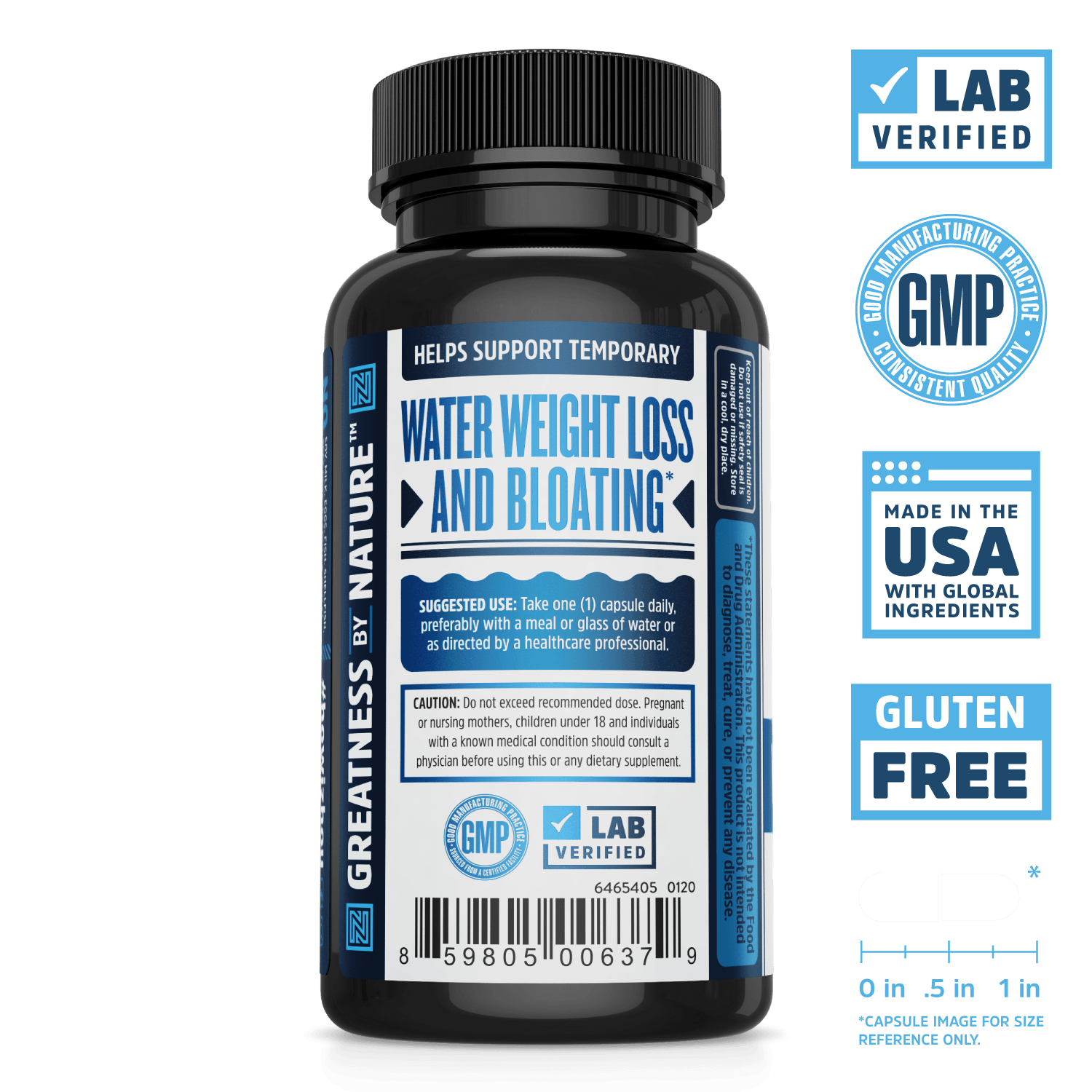 Zhou Nutrition Water Away bloating supplement. Bottle side. Lab verified, good manufacturing practices, made in the USA with global ingredients, gluten free.