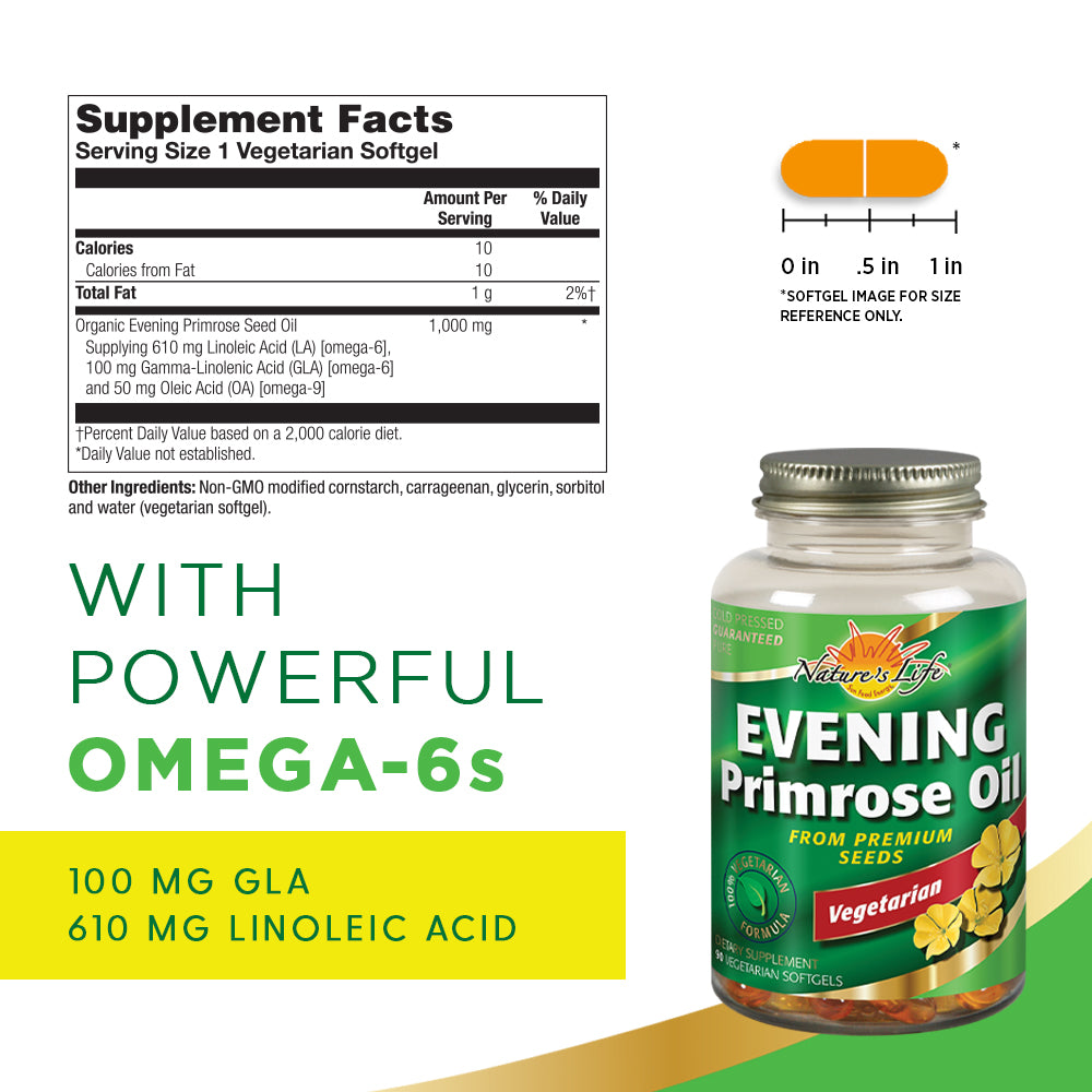 Nature's Life Evening Primrose Oil, Vegetarian | PMS & Menopause Hormone Balance Support | Skin Health | 90 CT