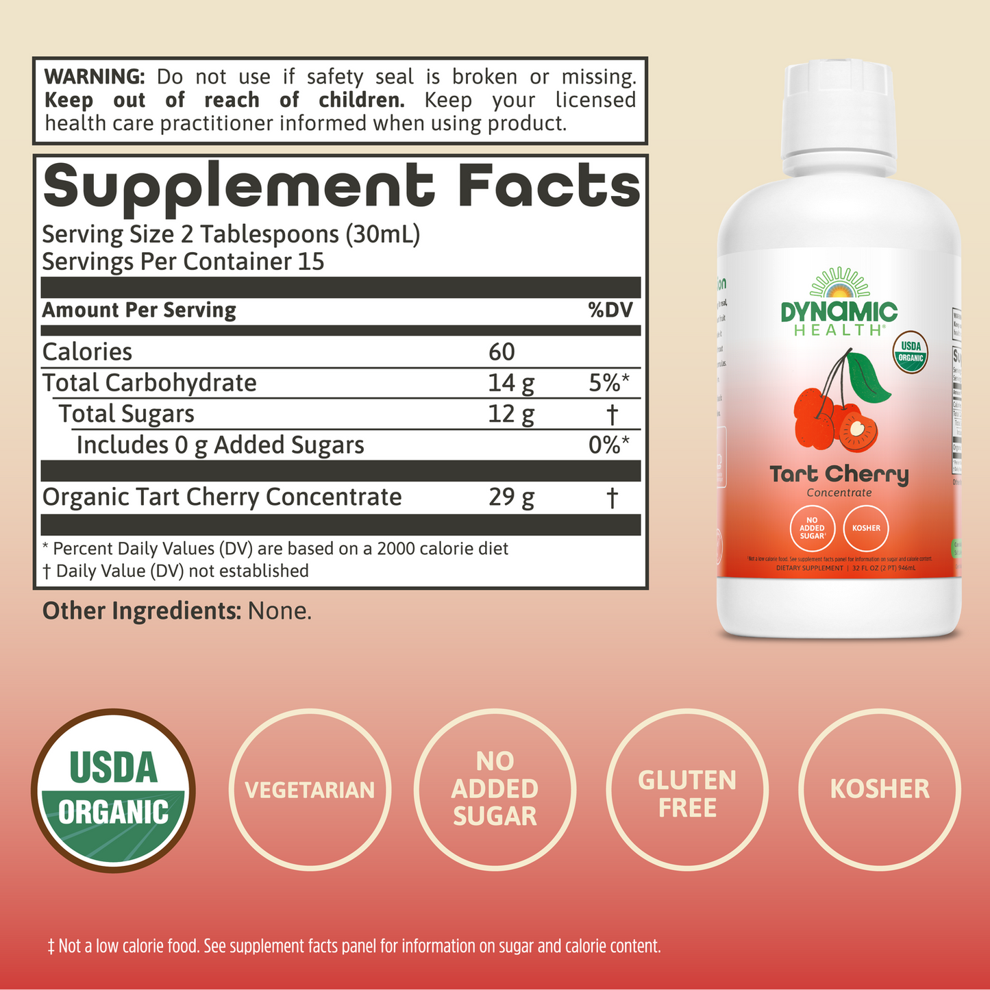 Dynamic Health Organic Tart Cherry Juice, Unsweetened 100% Juice Concentrate, Antioxidants Supplement, No Sweeteners or Additives, Vegan, Gluten Free, BPA Free, 16 oz