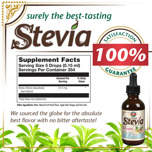 KAL Sure Stevia Drops, Low Carb, Zero Calorie Sweetener, Keto Friendly, Great Tasting Liquid Stevia, Low Glycemic, 60-Day Money Back Guarantee (Fruit Punch)