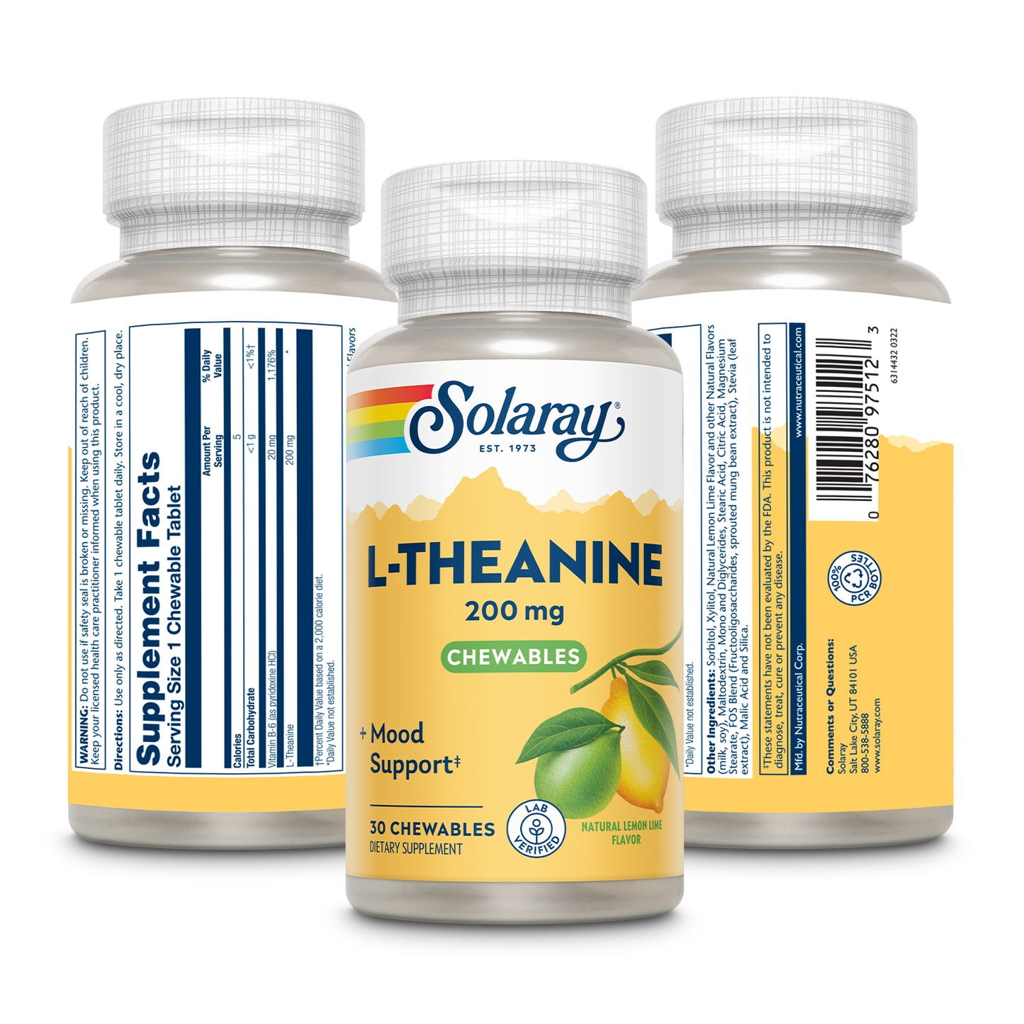 Solaray Sugar-Free L-Theanine Chewable, Lemon-Lime Flavor - 30 Chewables - 200 mg