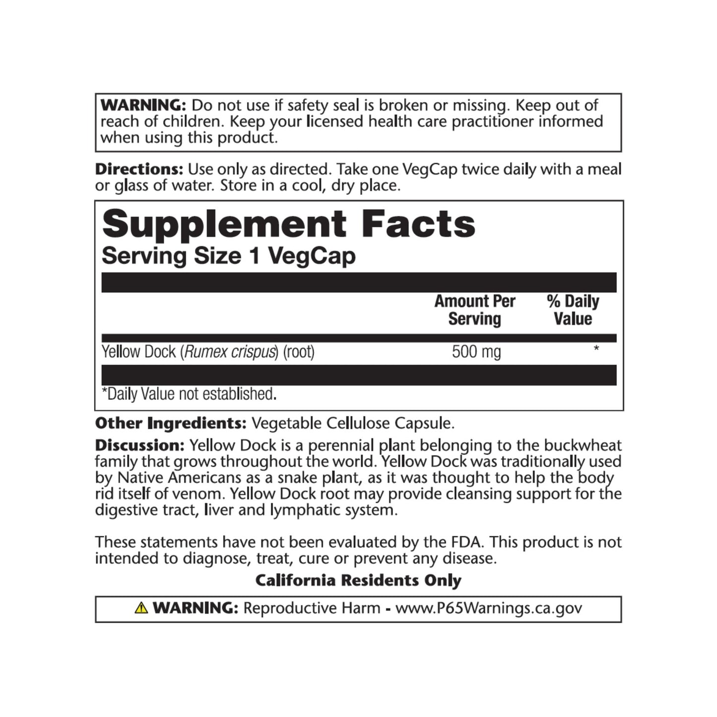 Solaray Yellow Dock Root, Veg Cap (Btl-Plastic) 500mg 100ct