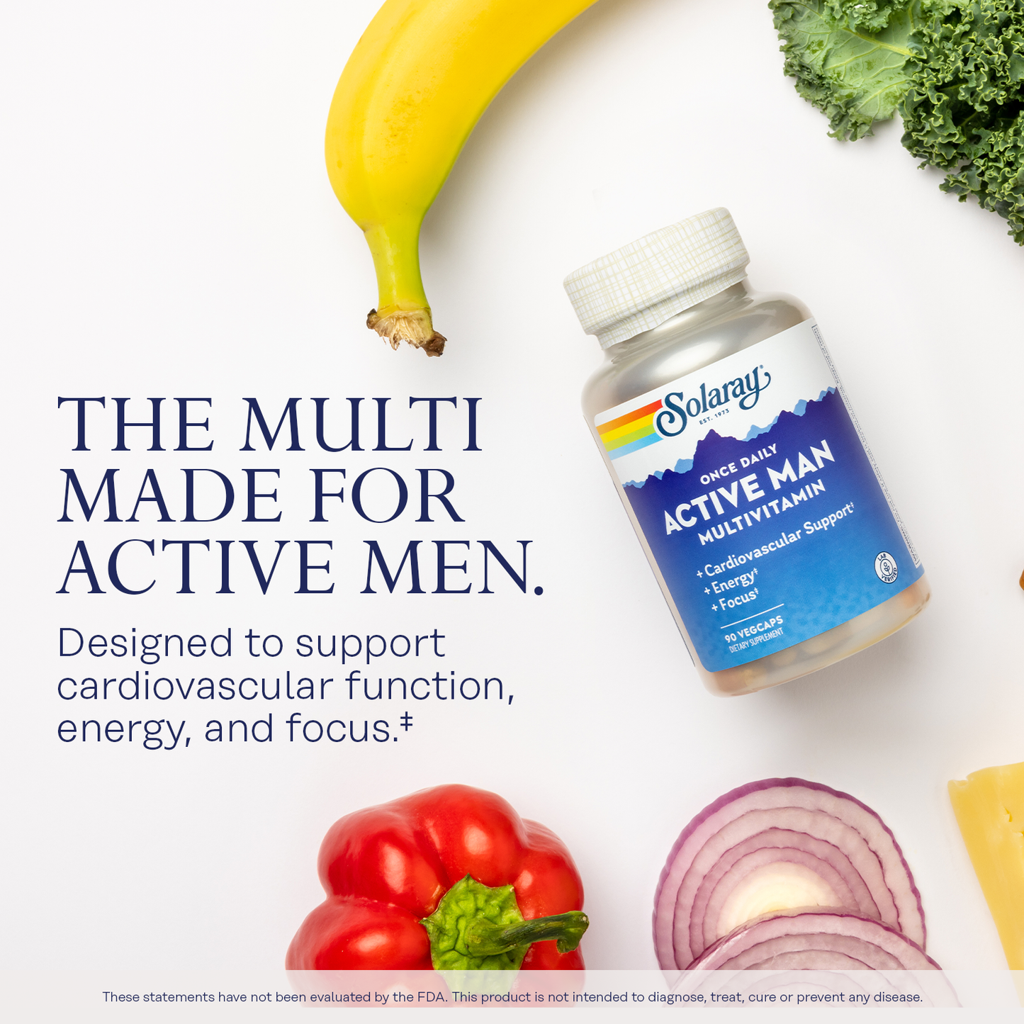 Solaray Once Daily Active Man Multivitamin & Mineral, Multivitamin for Cardiovascular, Support, Energy & Focus, Digestive Enzyme Blend, Amino Acids and Whole Food Base, 90 Servings, 90 VegCaps