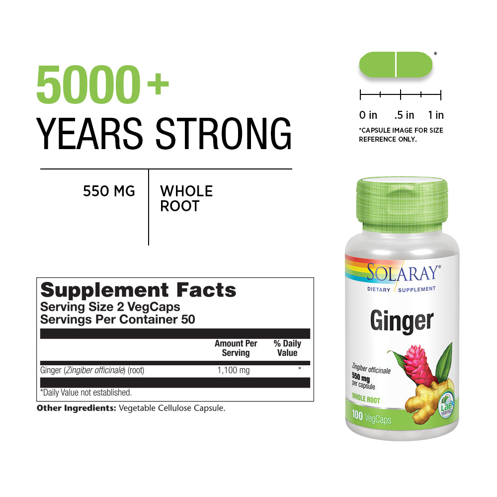 Solaray Ginger Root 1100mg | Healthy Digestion, Joints and Motion & Stomach Discomfort Support | Whole Root | Non-GMO & Vegan | 100 VegCaps