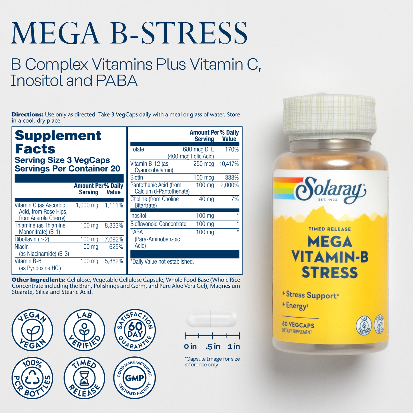 Solaray Mega Vitamin B-Stress, Timed-Release Vitamin B Complex with 1000 mg of Vitamin C for Stress, Energy, Red Blood Cell & Immune Support, Vegan, 60-Day Guarantee, (60 Count (Pack of 1))