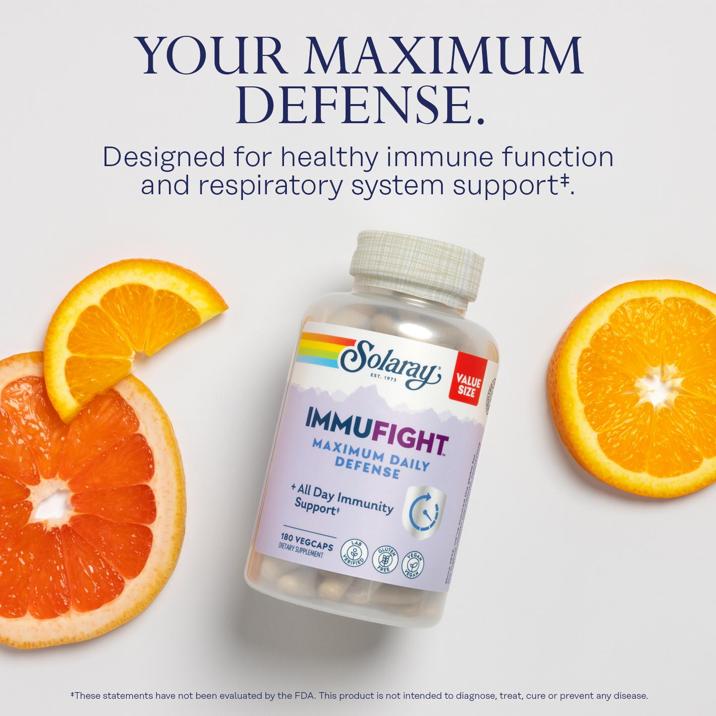 Solaray Immufight Maximum Daily Defense, All Day Immune Support, Vitamin C, Vitamin D, Zinc, Probiotics, Monolaurin, Acerola & More, Vegan & Gluten Free, 60 Day Guarantee, 30 Servings, 90 VegCaps